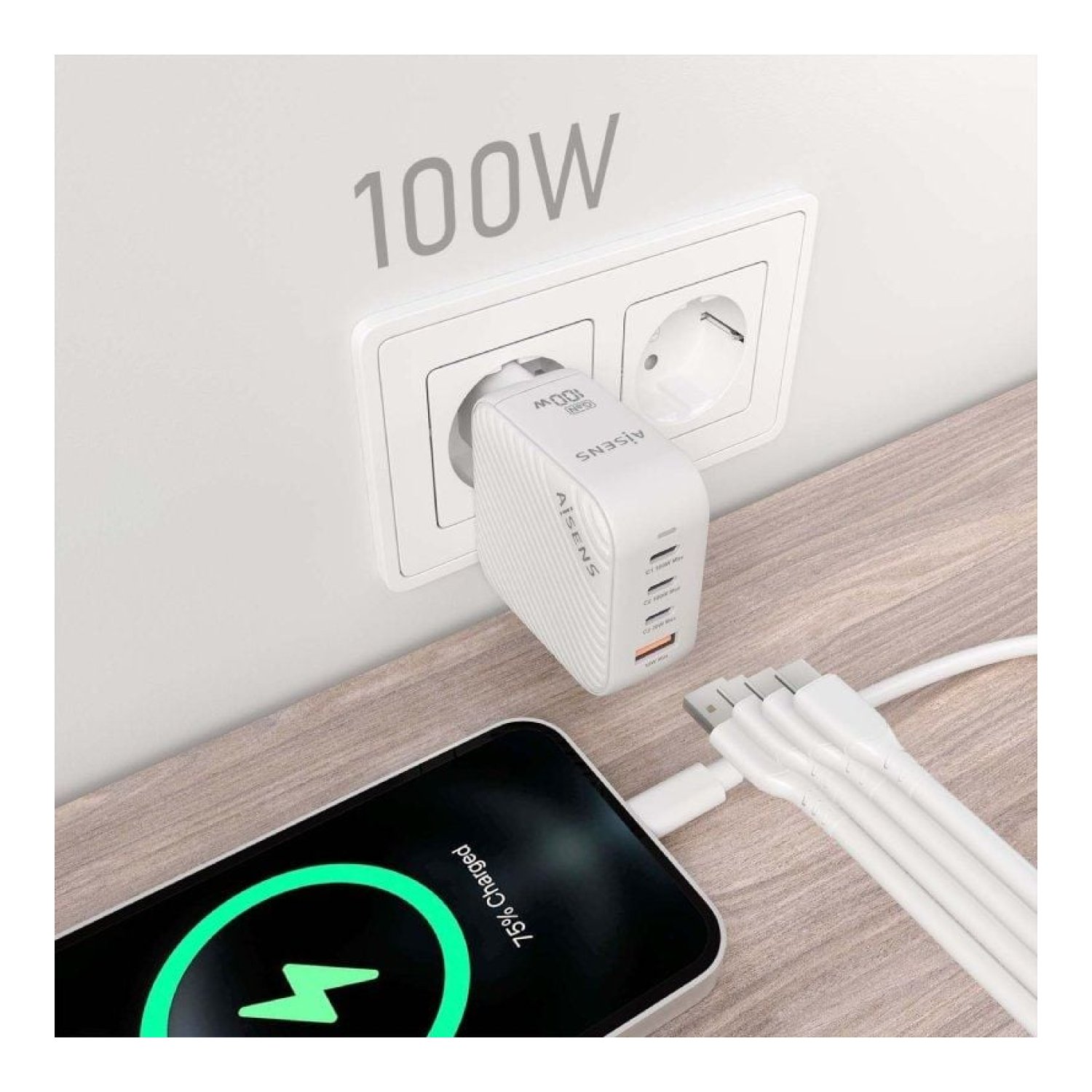 Aisens Cargador GaN · 100W · 3xUSB-C + 1xUSB · Pared