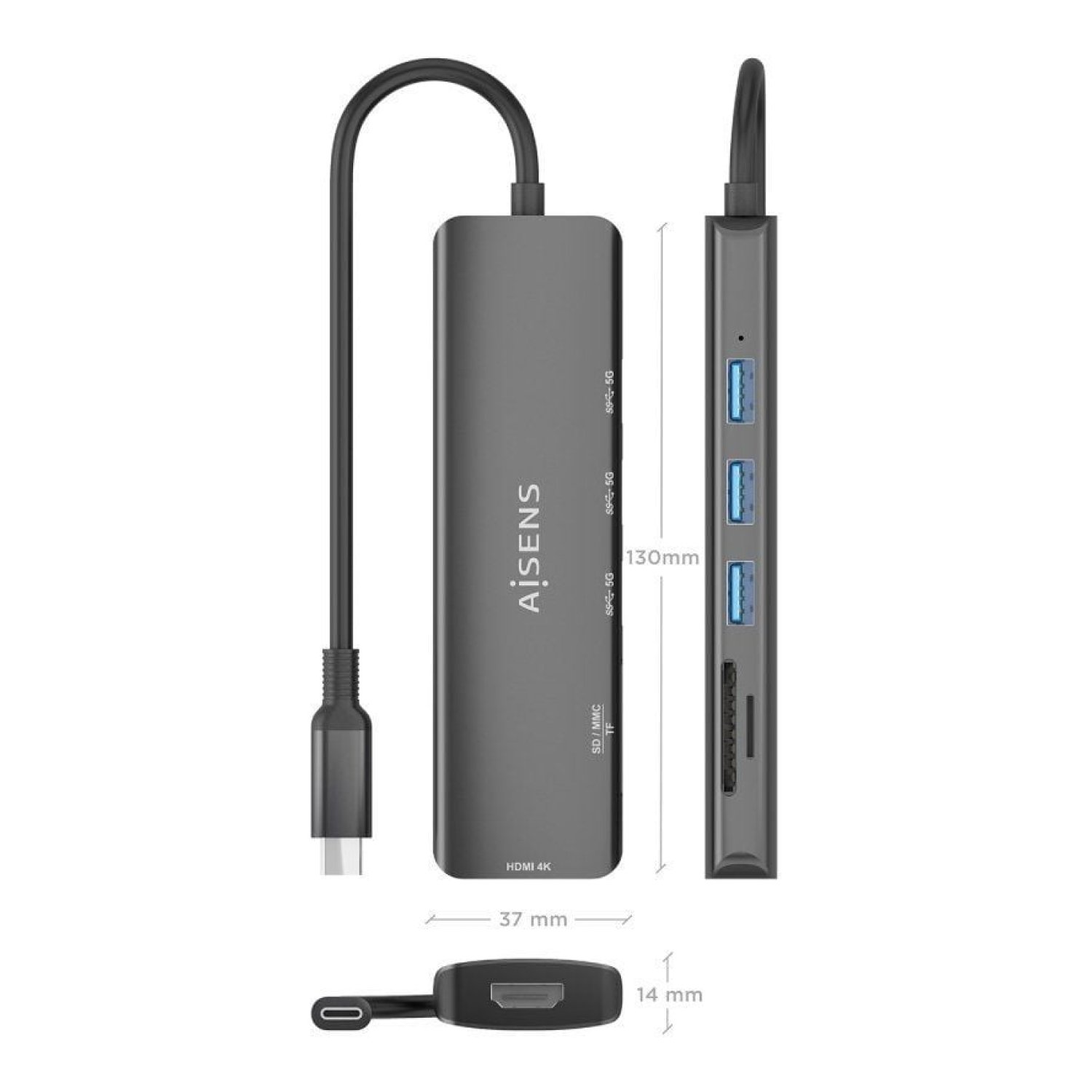 Aisens Docking USB Tipo-C · 1 HDMI 4K · 3 USB · Lector Tarjetas · Gris