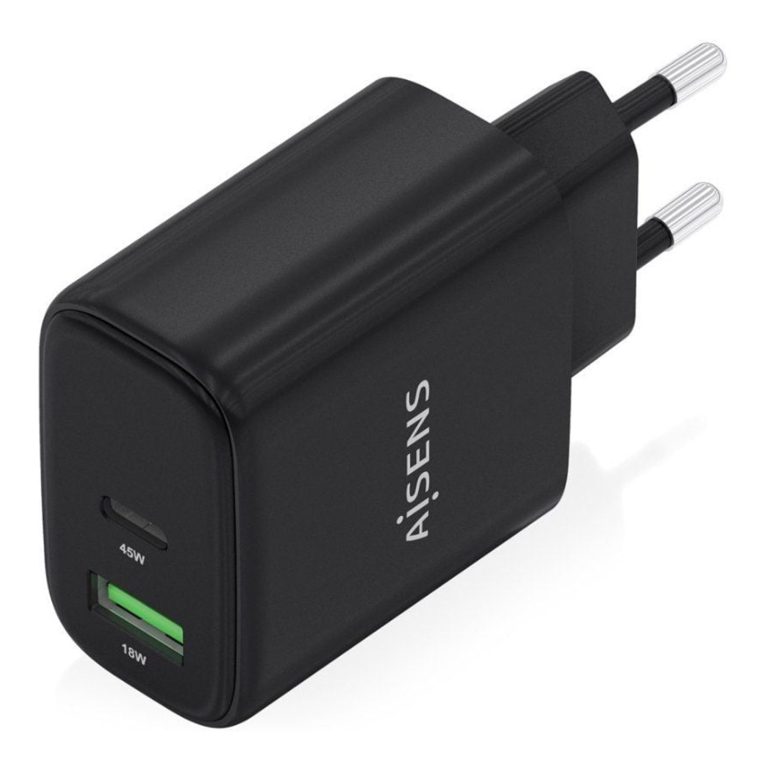 Aisens Cargador GaN · 45W · USB-C + USB · Negro