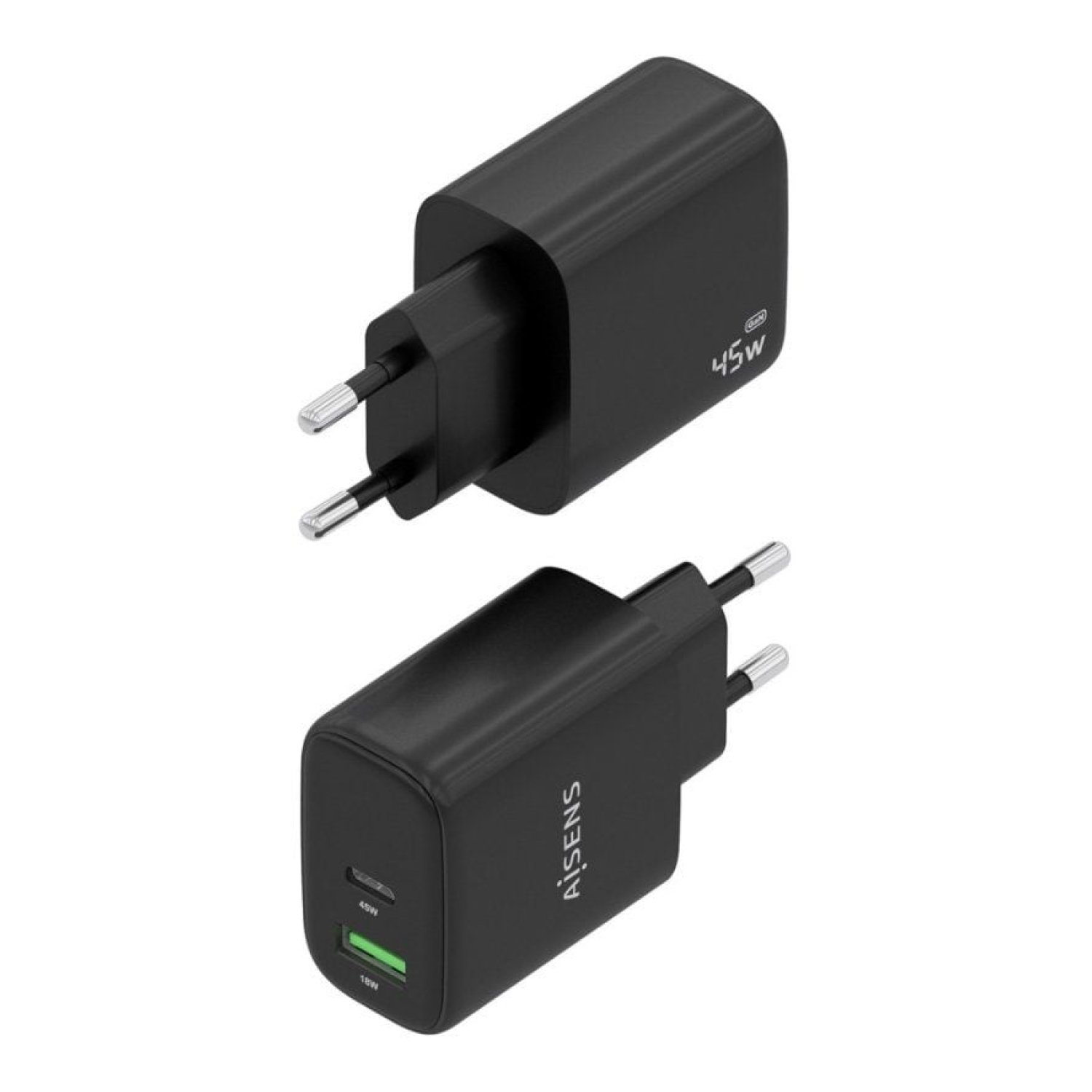 Aisens Cargador GaN · 45W · USB-C + USB · Negro