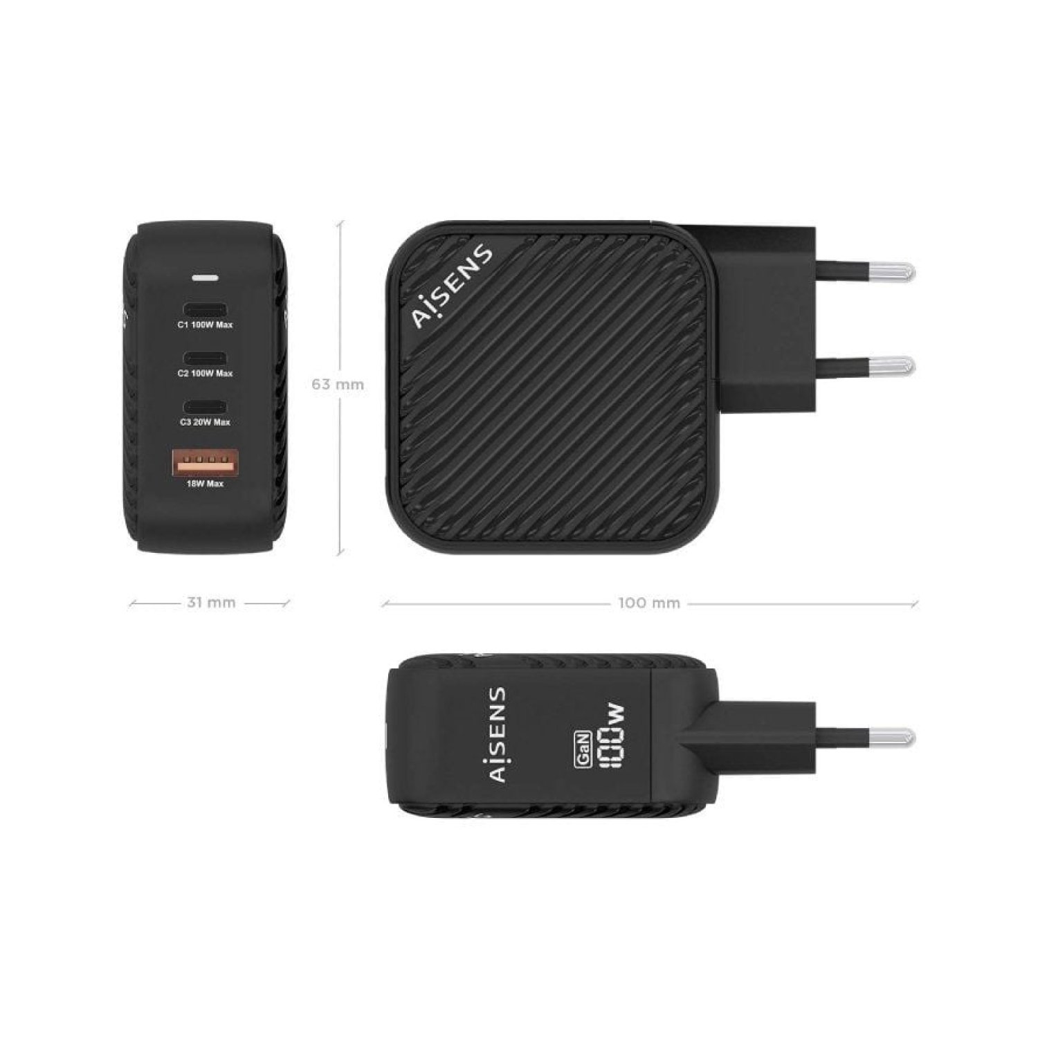 Aisens Cargador GaN 100W · 3 USB-C + 1 USB · Multicarga Rápida