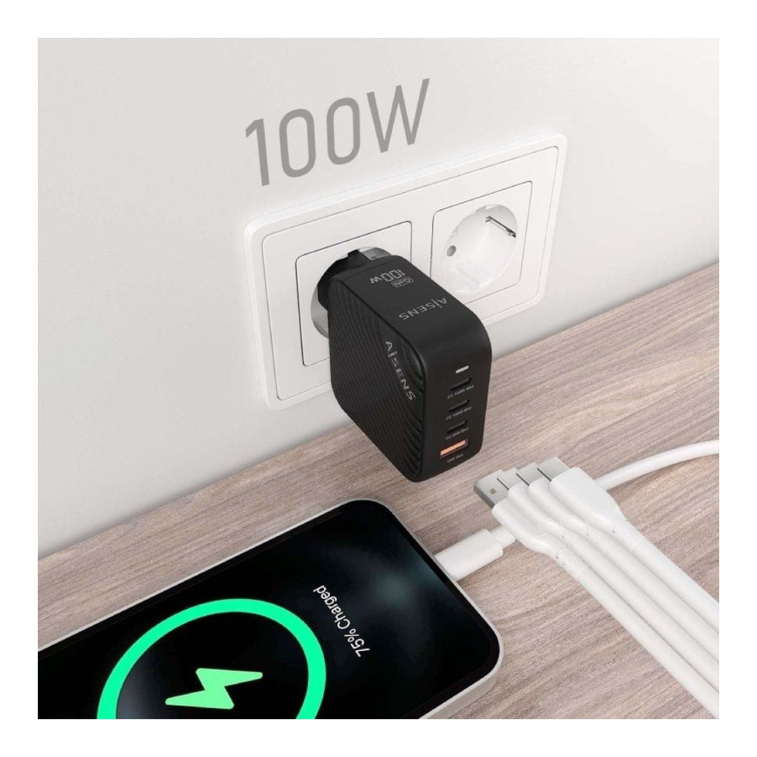 Aisens Cargador GaN 100W · 3 USB-C + 1 USB · Multicarga Rápida