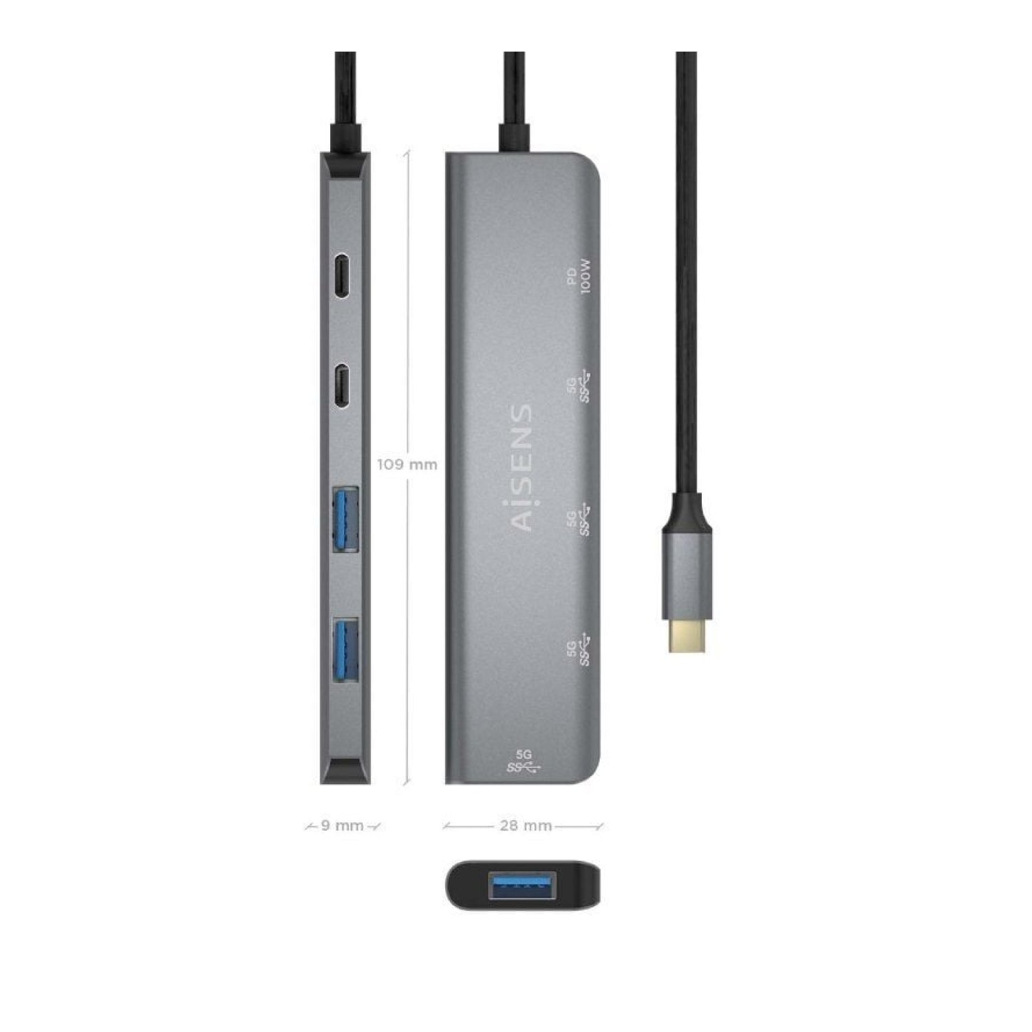 Aisens Hub USB-C · 3 USB 2.0 · USB-C · USB-C Power Delivery · Gris