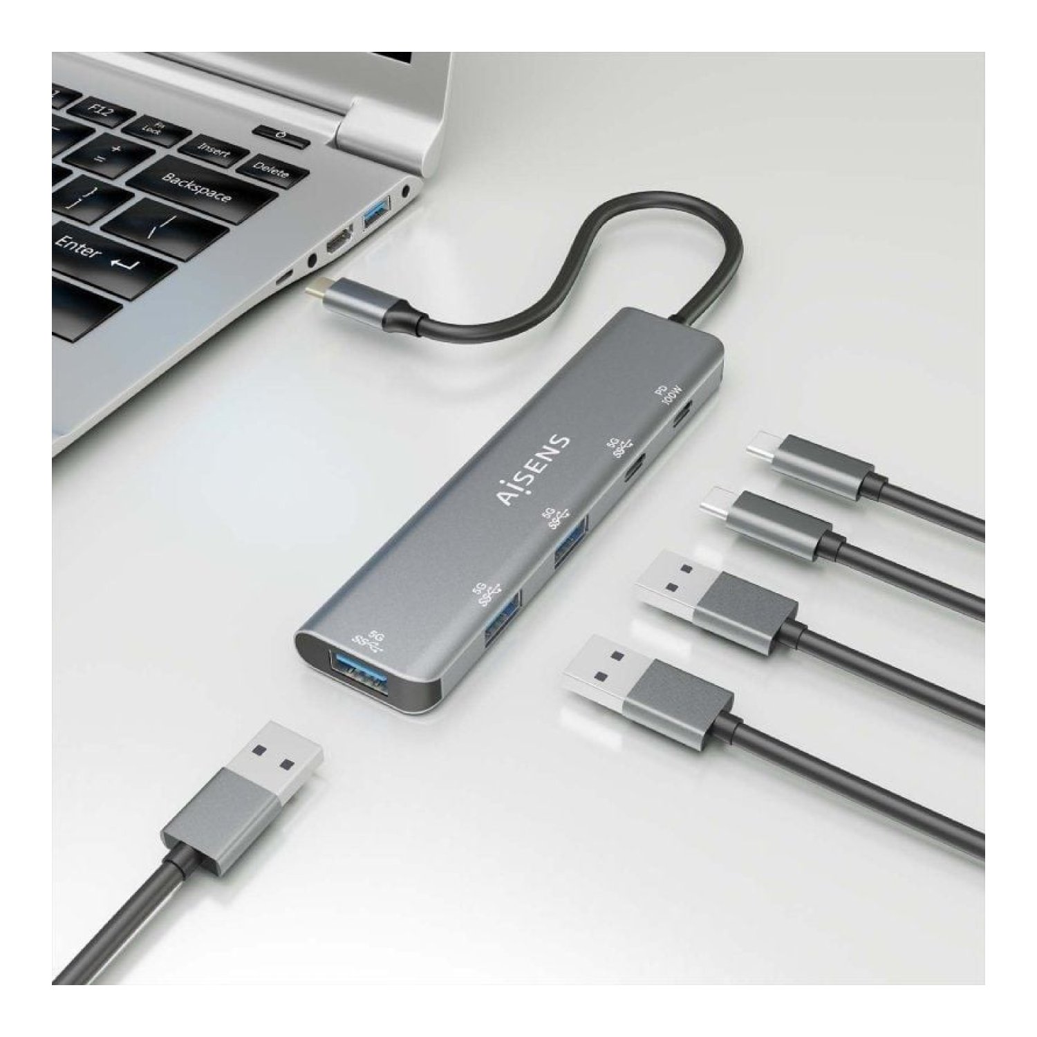 Aisens Hub USB-C · 3 USB 2.0 · USB-C · USB-C Power Delivery · Gris
