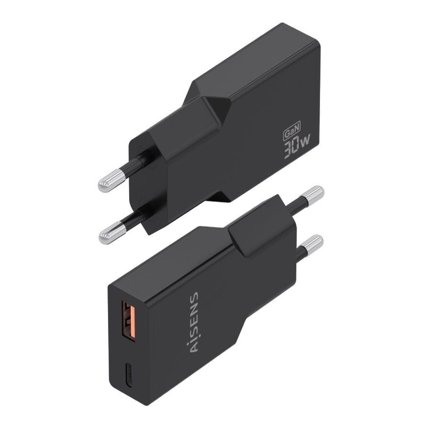 Aisens Cargador GaN Pared · 30W · USB-C + USB · Negro