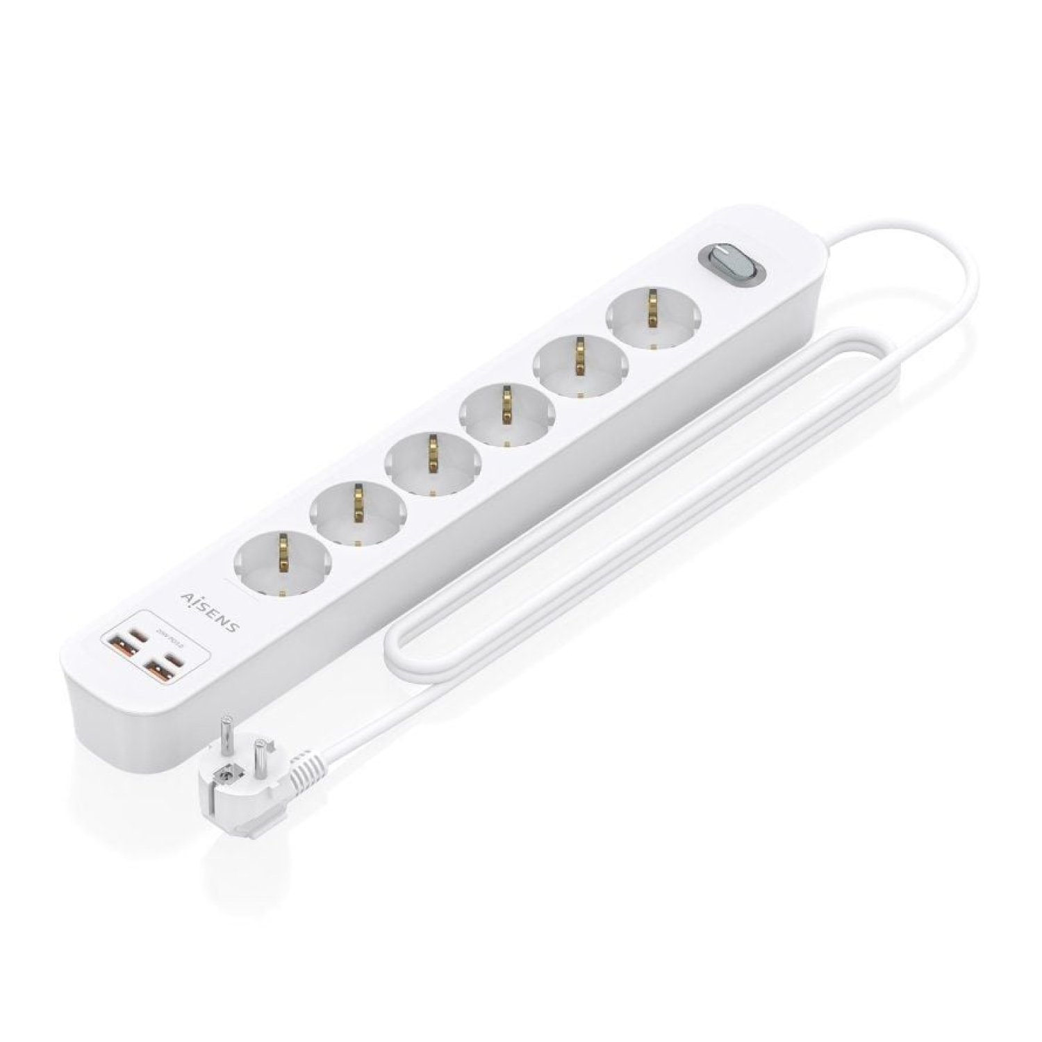 Aisens · Regleta 6 Tomas + 2 USB + 2 USB-C · Cable 1.4m · Blanca
