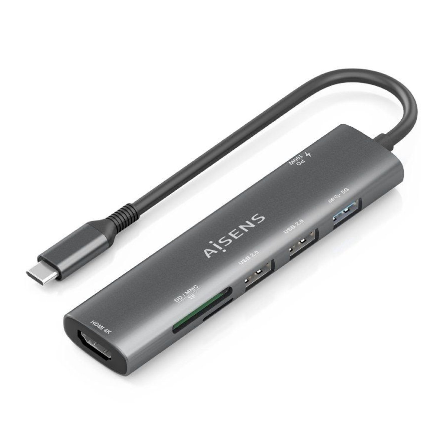 Aisens Docking USB-C · HDMI 4K · 3xUSB · USB-C PD · Lector Tarjetas · Gris