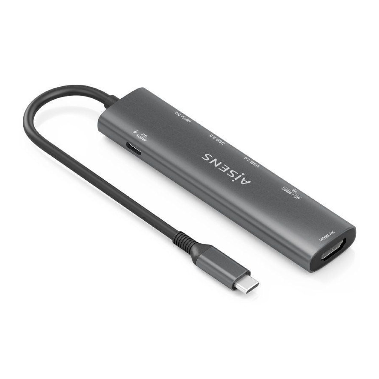 Aisens Docking USB-C · HDMI 4K · 3xUSB · USB-C PD · Lector Tarjetas · Gris