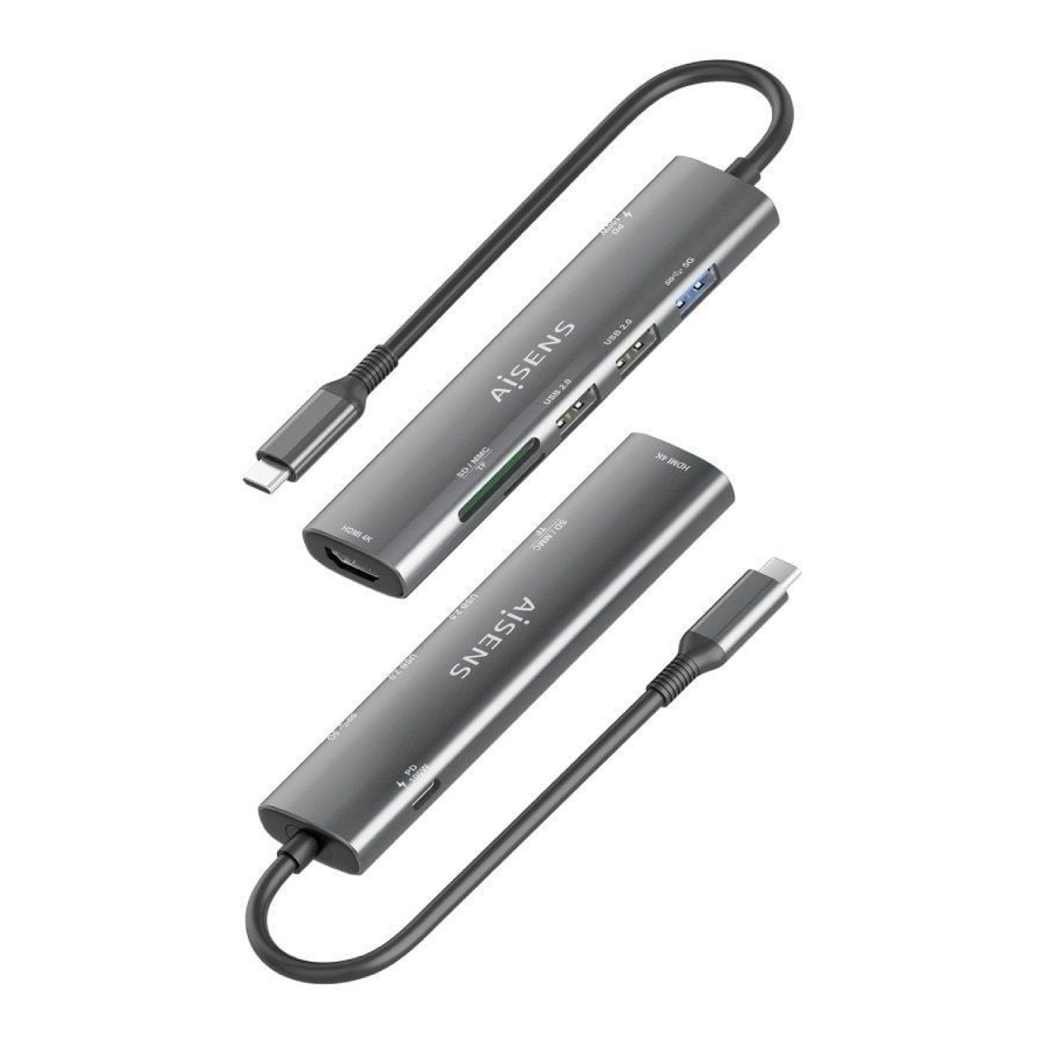 Aisens Docking USB-C · HDMI 4K · 3xUSB · USB-C PD · Lector Tarjetas · Gris