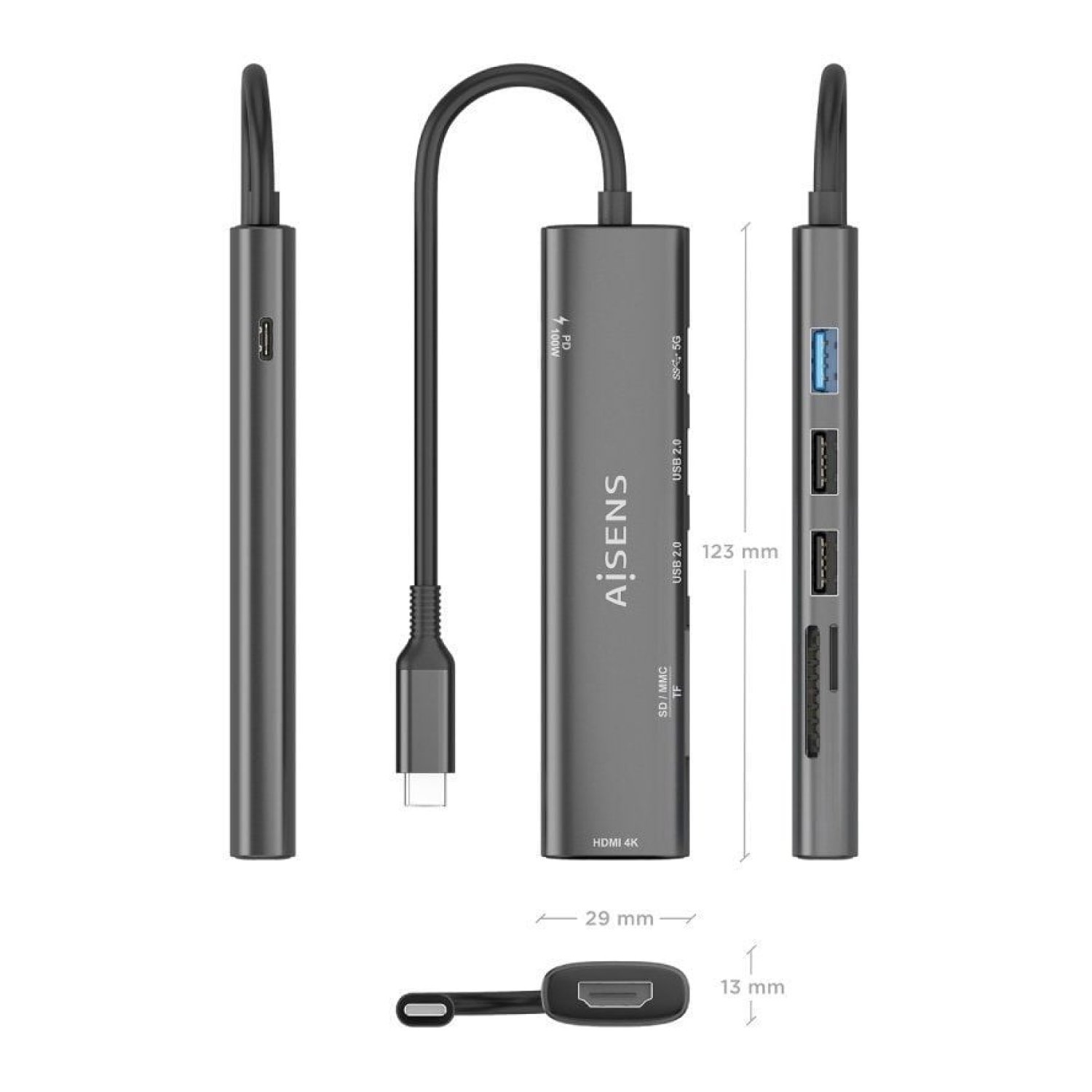 Aisens Docking USB-C · HDMI 4K · 3xUSB · USB-C PD · Lector Tarjetas · Gris