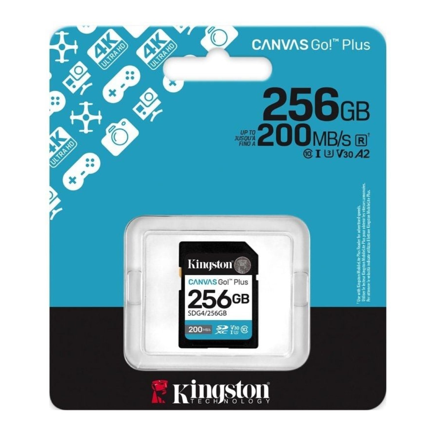 Kingston Canvas Go! Plus · 256GB · SDXC · Clase 10 · Hasta 200MB/s