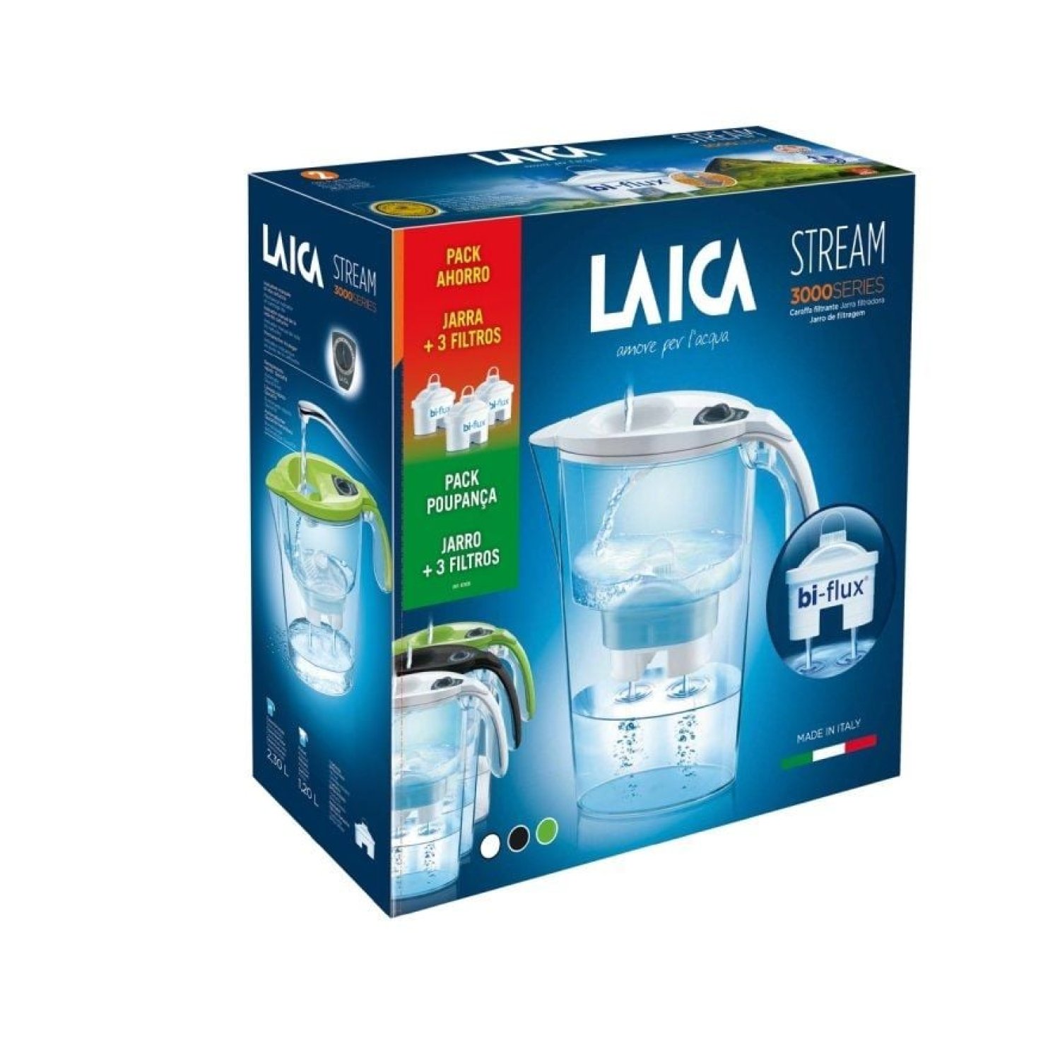 Laica Stream Line · Jarra Filtrante 2,3L · Blanca · Pack 3 Filtros BI-FLUX