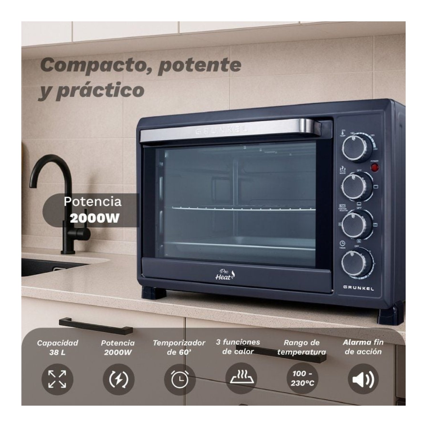 Grunkel HR-38PRO · Horno Sobremesa · 38L · 2000W · Negro