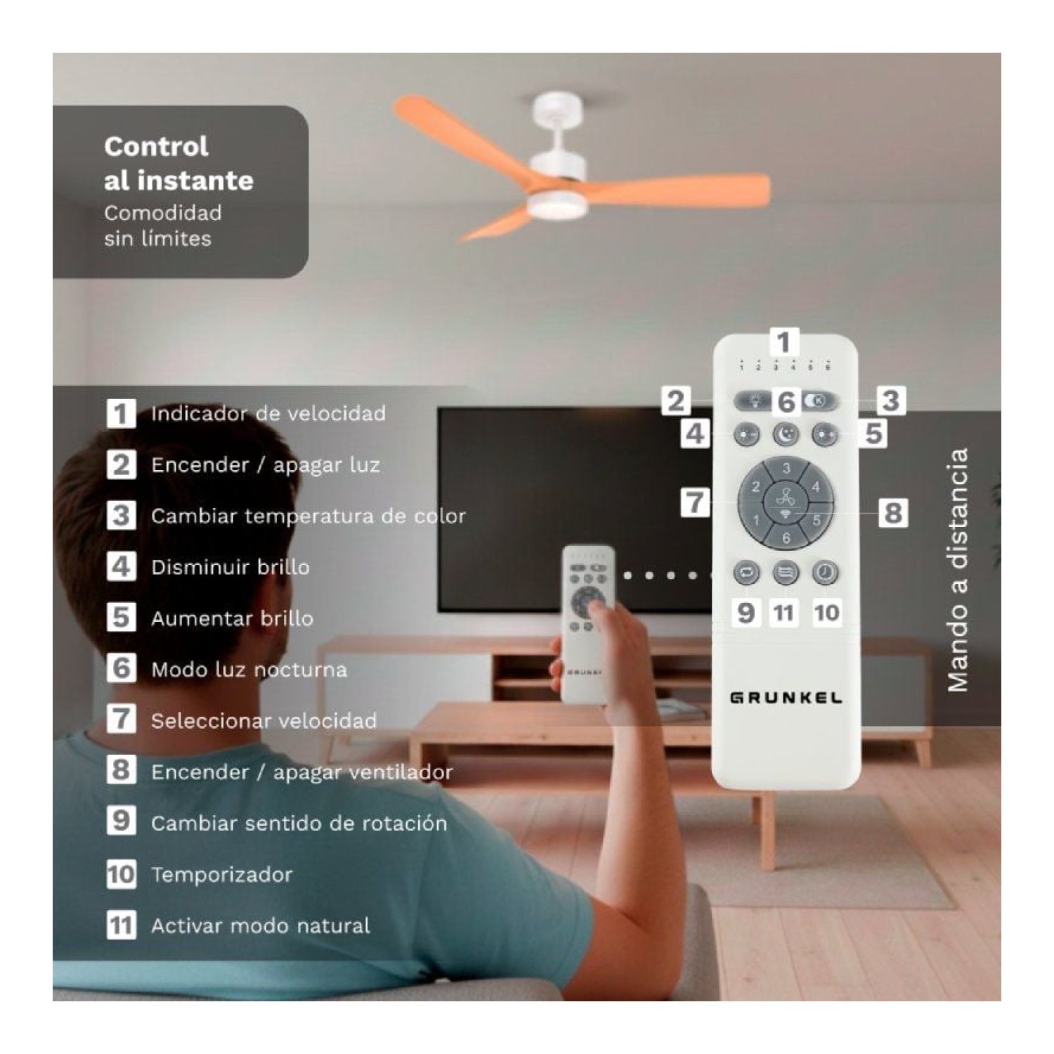 Grunkel Skystyle52 · Ventilador de Techo · 132cm · 35W · 3 Aspas · 6 Velocidades