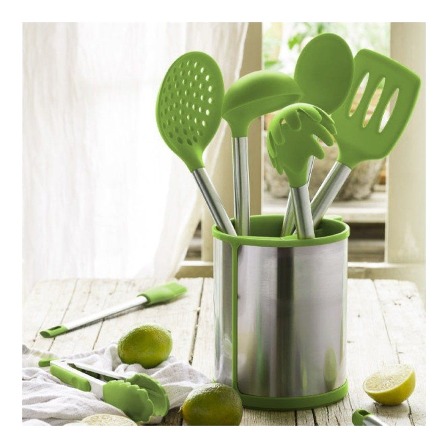 Bra Prior · Set 5 Utensilios de Cocina · Bote Porta Utensilios · Espátula, Cuchara, Cazo y Espumadera
