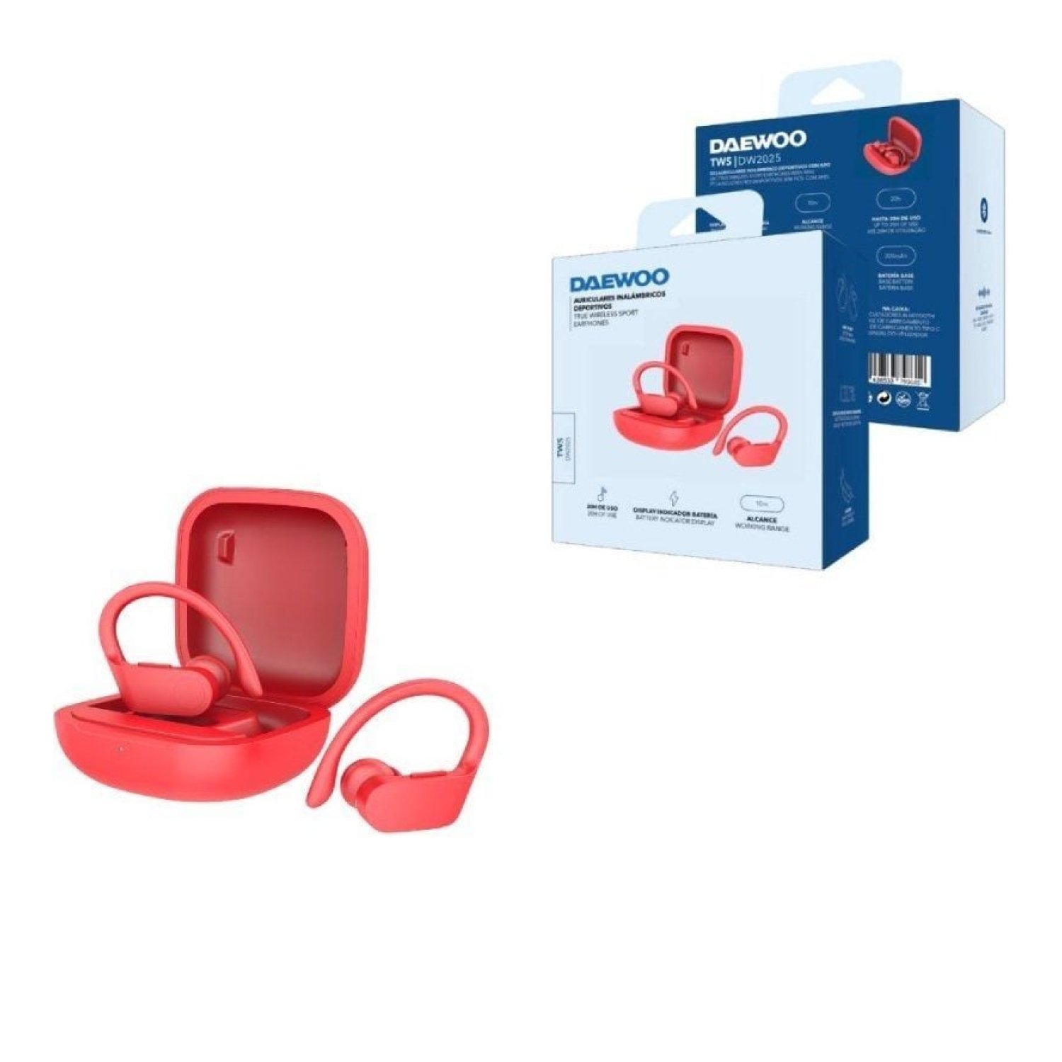 Daewoo DW2025 · Auriculares Deportivos Bluetooth · 5h Autonomía · Estuche de Carga · Rojos