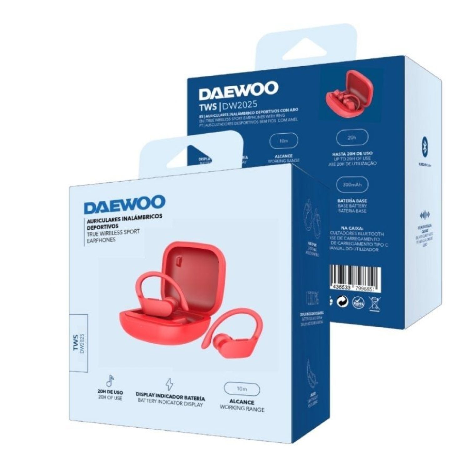 Daewoo DW2025 · Auriculares Deportivos Bluetooth · 5h Autonomía · Estuche de Carga · Rojos