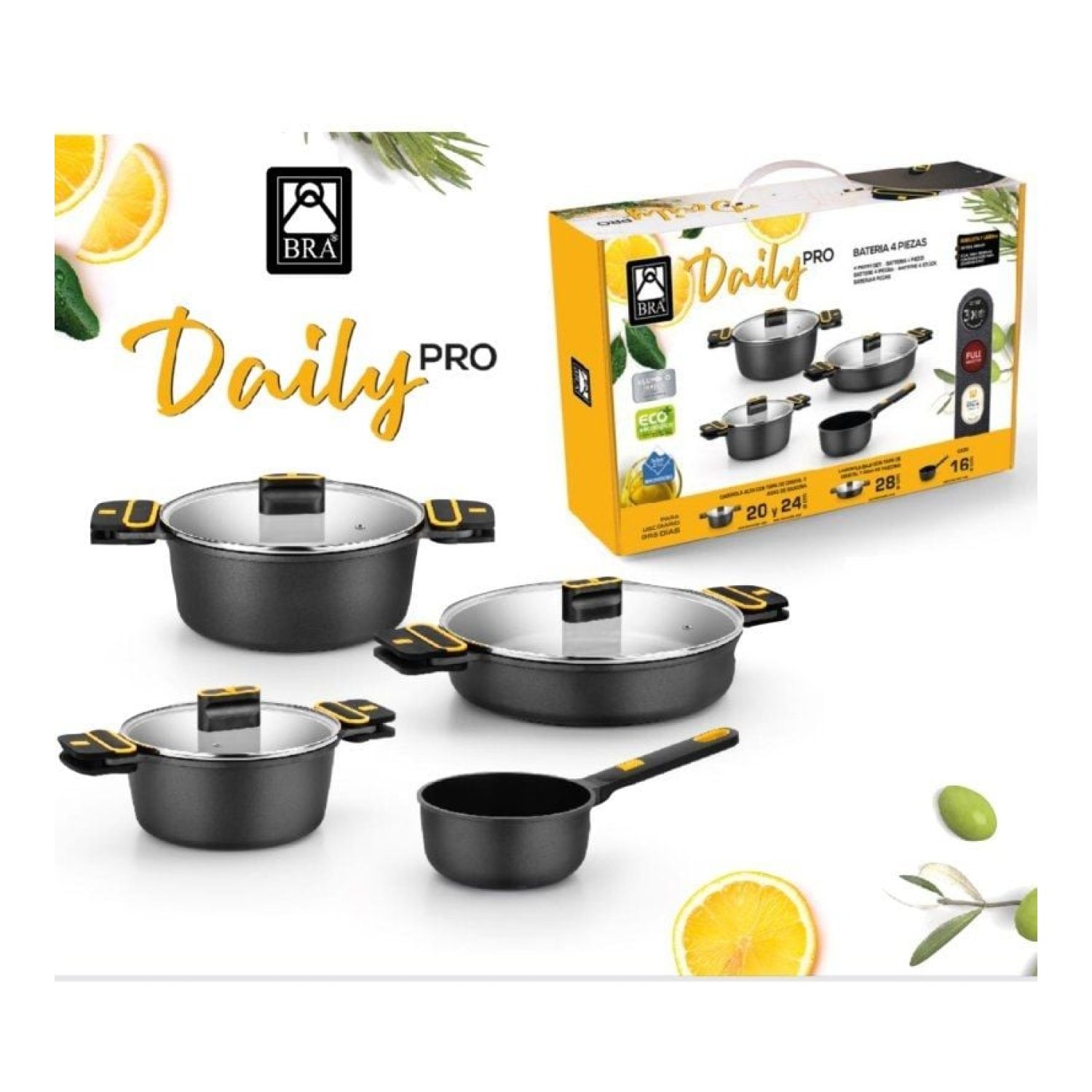 Bra Daily Pro · Pack 4 Cacerolas · Ø16/20/24/28cm · Inducción