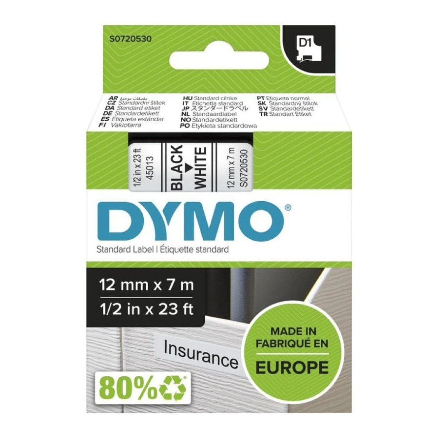 Dymo D1 · Cinta Rotuladora 12mm x 7m · Negra-Blanca · Label Manager