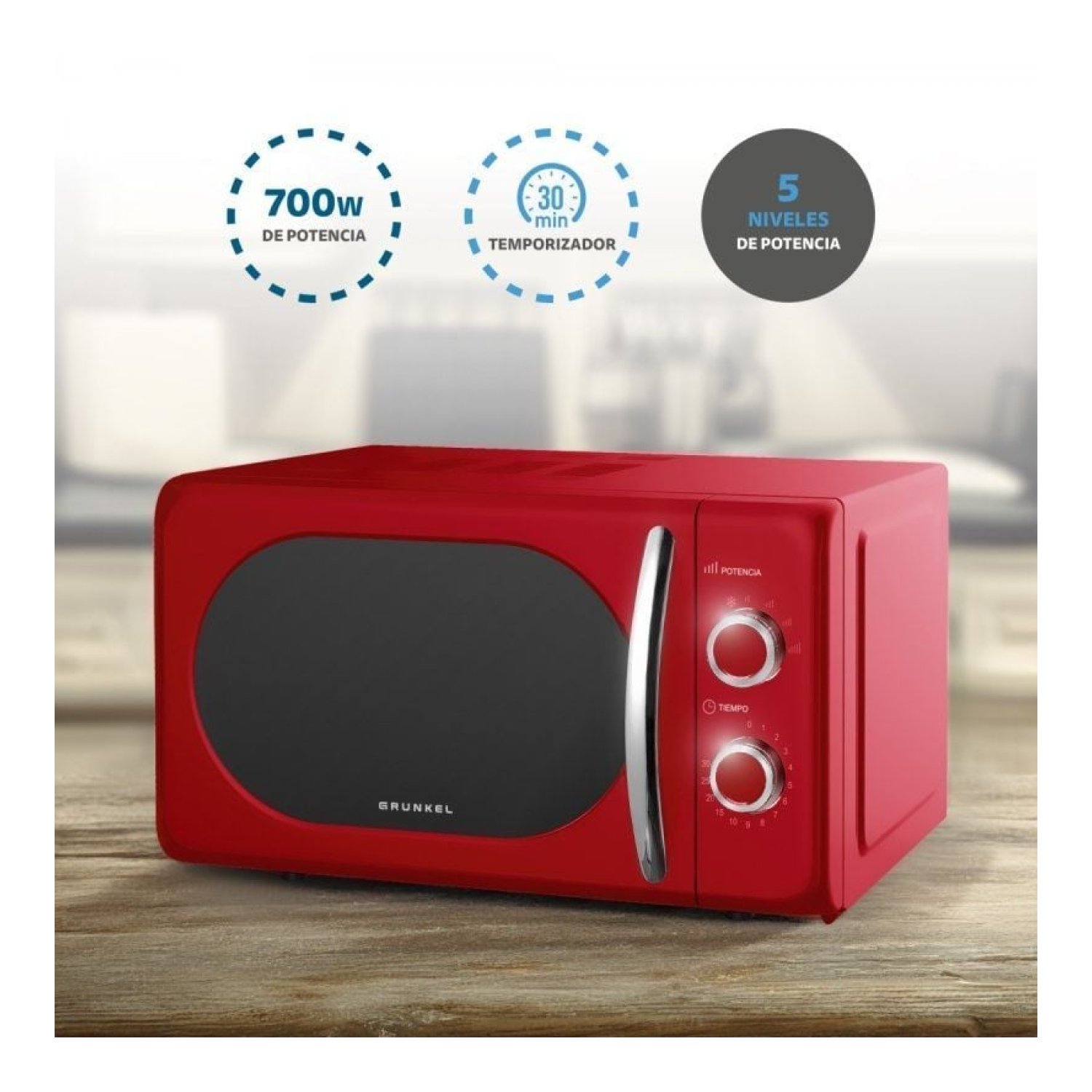 Grunkel Microondas Vintage · 20L · 700W · Rojo