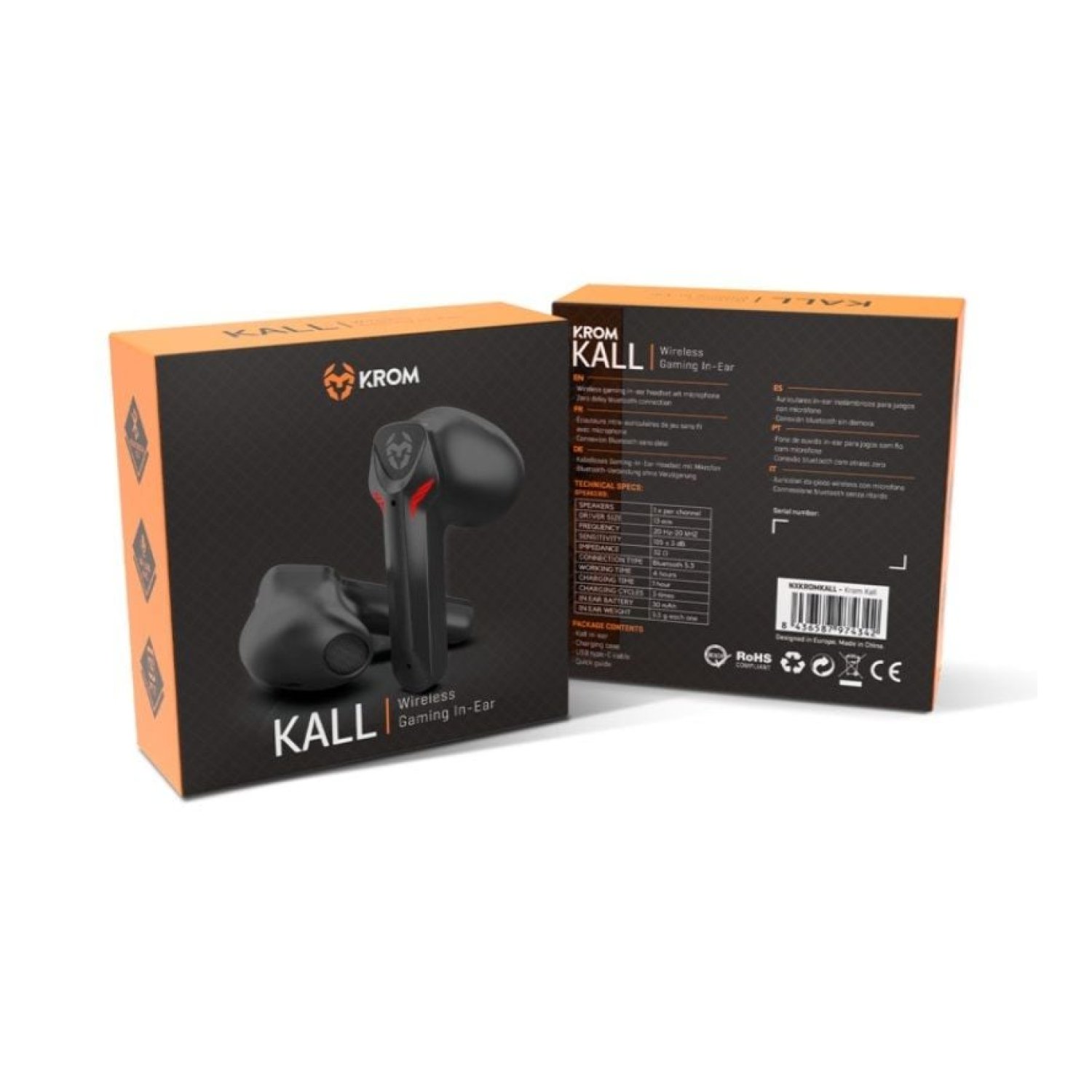 Krom Kall · Auriculares Bluetooth · 4h Autonomía · Estuche de Carga · Negros