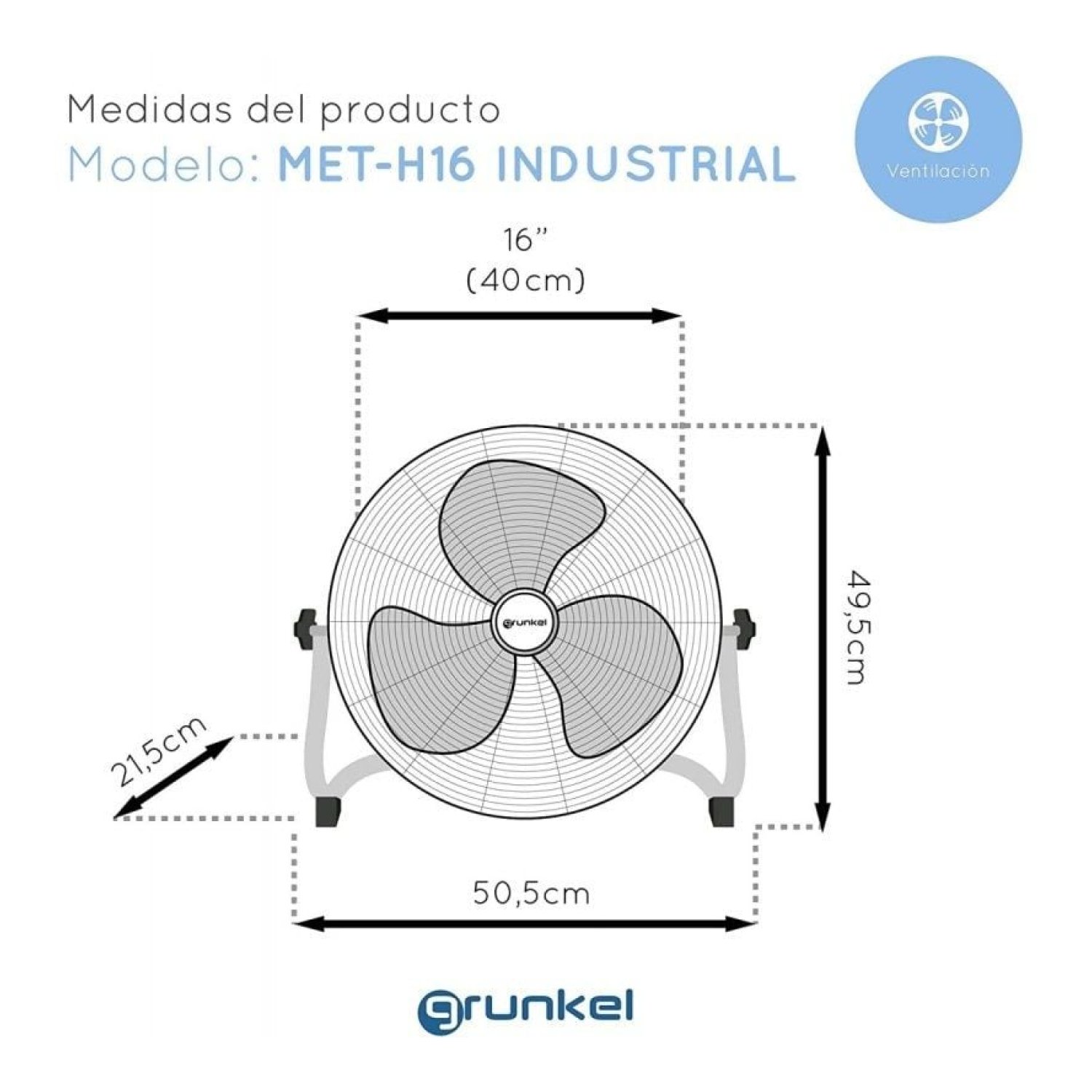 Grunkel Ventilador de Suelo Industrial · 40cm · 90W · 3 Velocidades