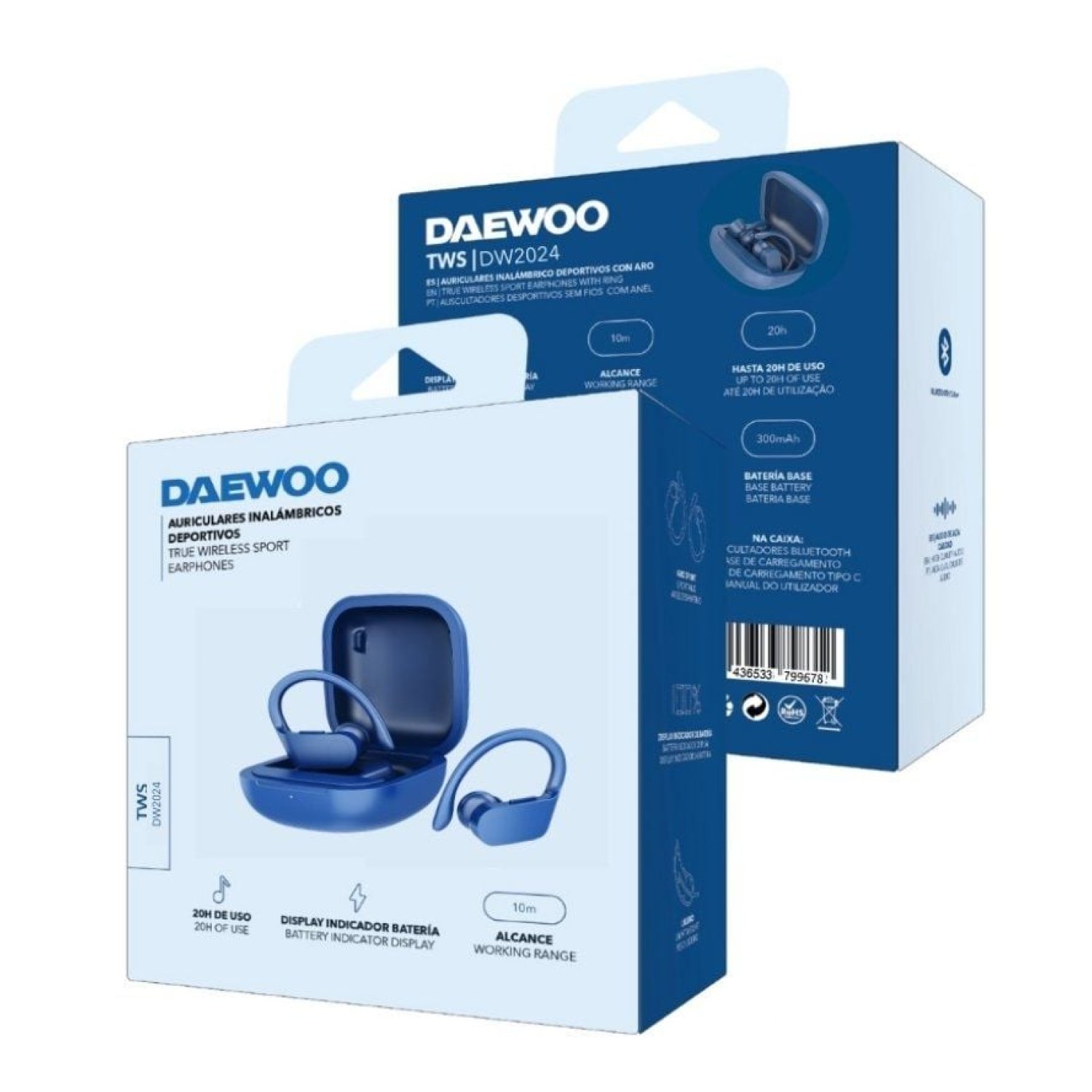 Daewoo DW2024 · Auriculares Deportivos Bluetooth · Autonomía 5h · Estuche de carga · Azules