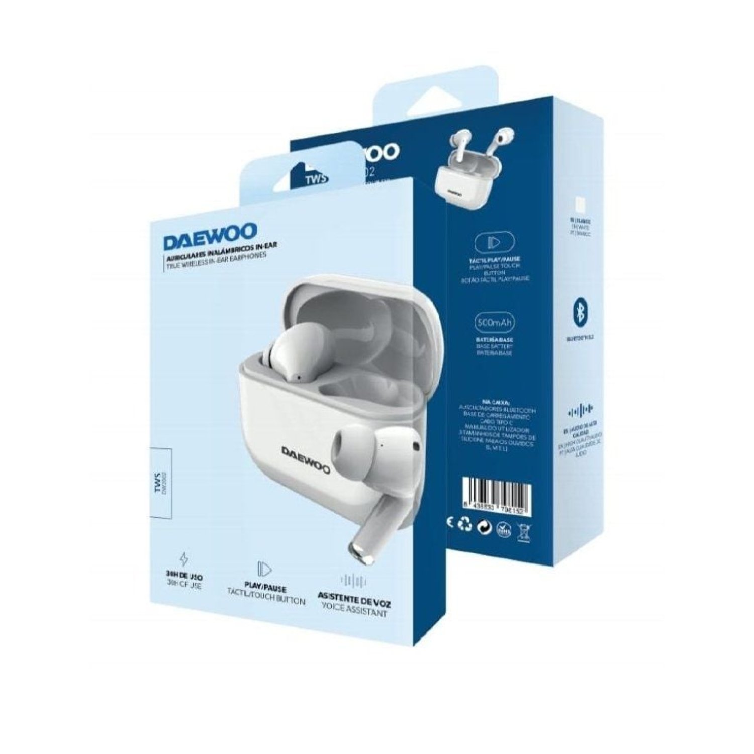 Daewoo DW2002 · Auriculares Bluetooth · Autonomía 6h · Estuche de carga · Blancos
