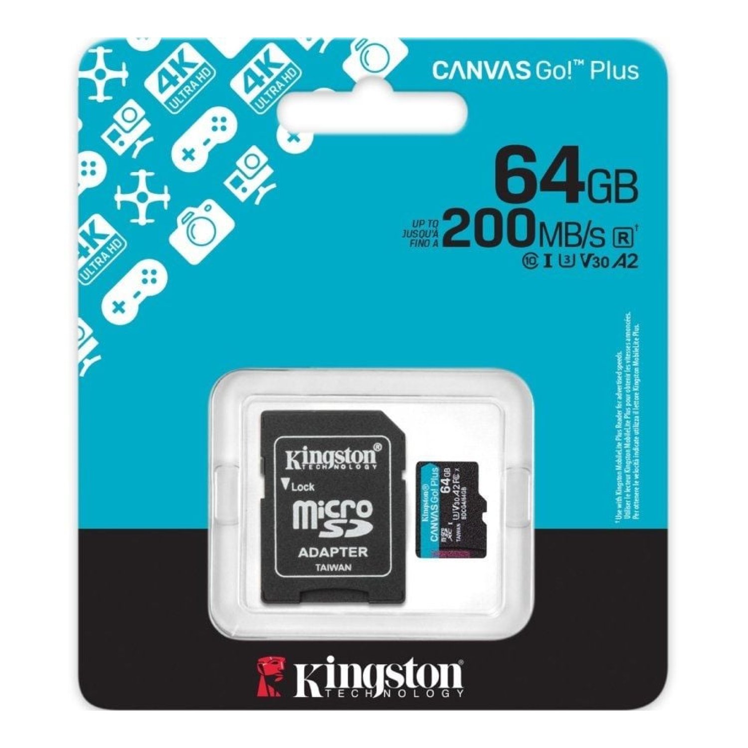 Kingston Canvas Go! Plus · microSD XC 64GB · Clase 10 · 200MB/s · Adaptador