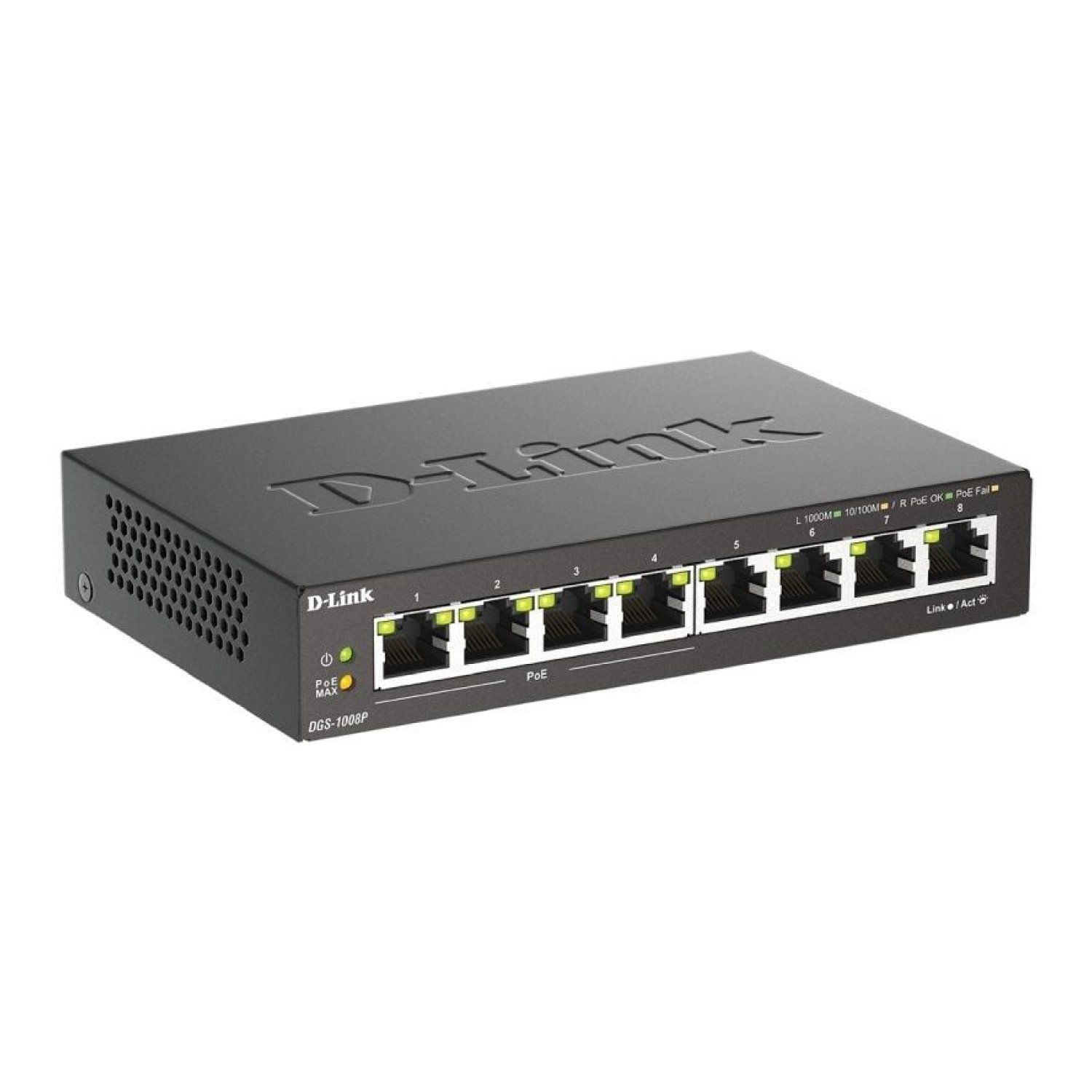D-Link DGS-1008P · Switch 8 Puertos Gigabit · PoE · 10/100/1000 Mbps