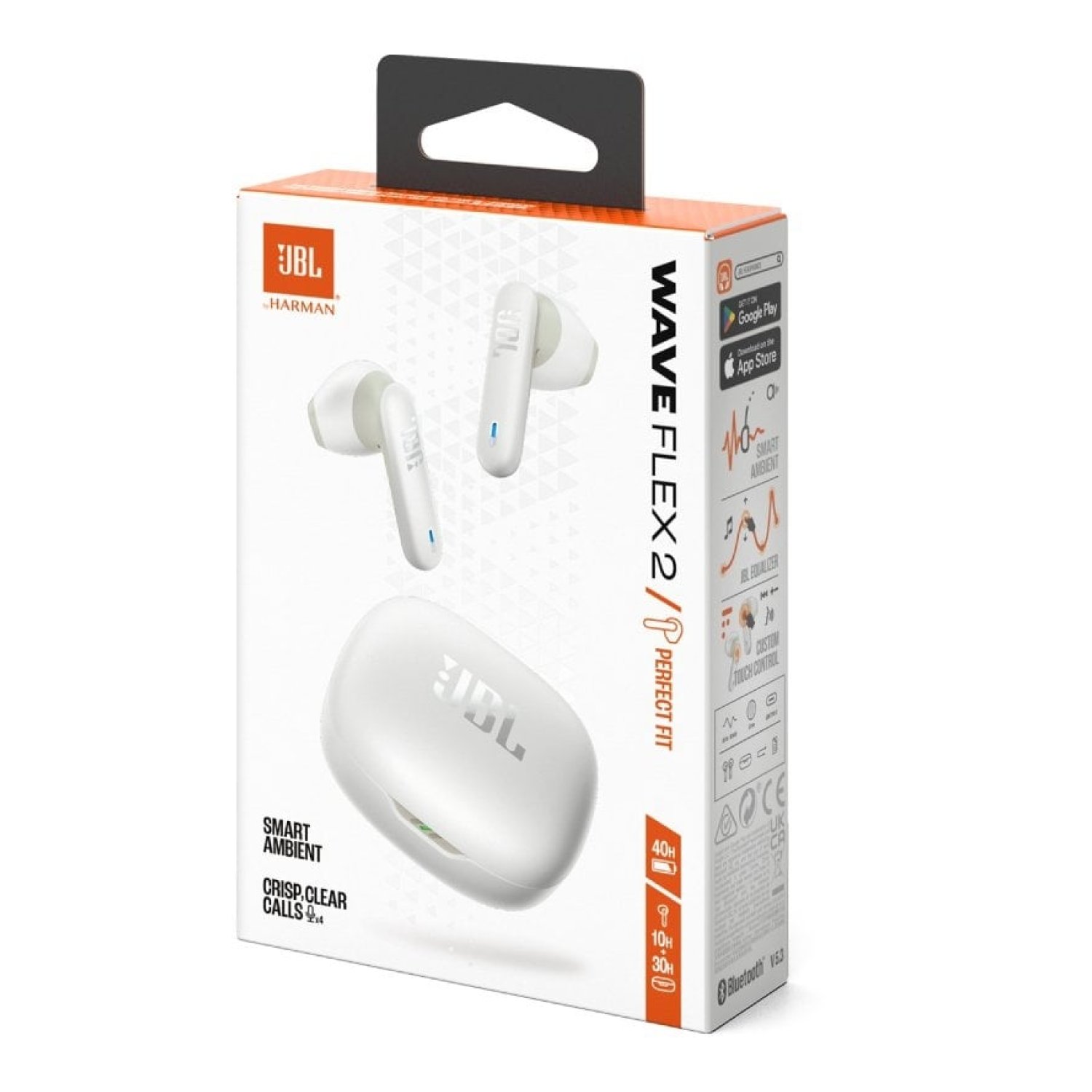 JBL Wave Flex 2 · Auriculares Bluetooth · 10h Autonomía · Estuche de Carga · Blancos