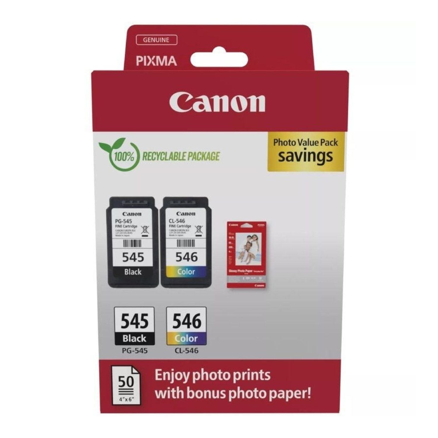 Canon · Cartucho PG-545 + CL-546 · Negro + Tricolor · Pack Original + Papel Fotográfico
