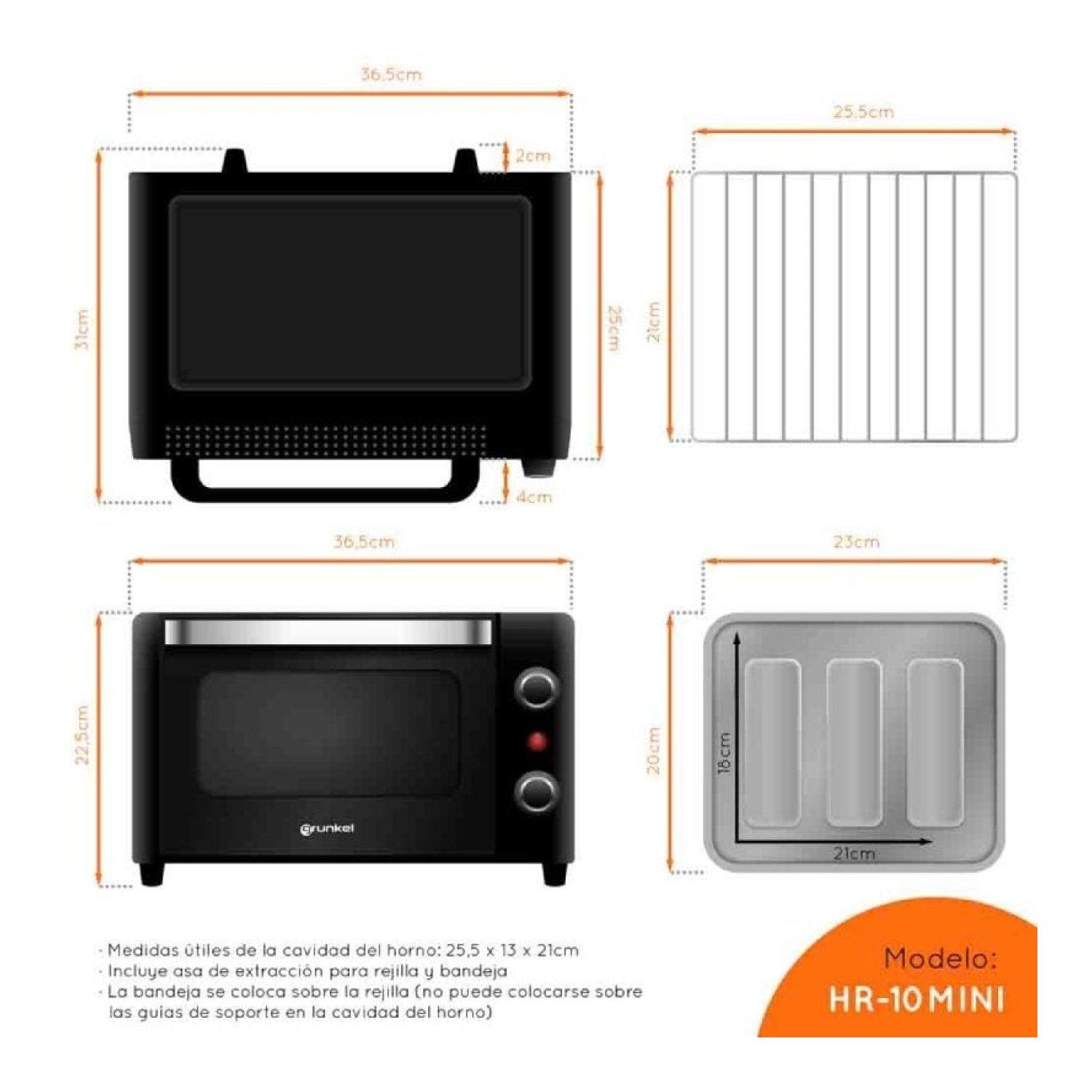Grunkel HR-10MINI · Horno Sobremesa · 10L · 1600W · Negro