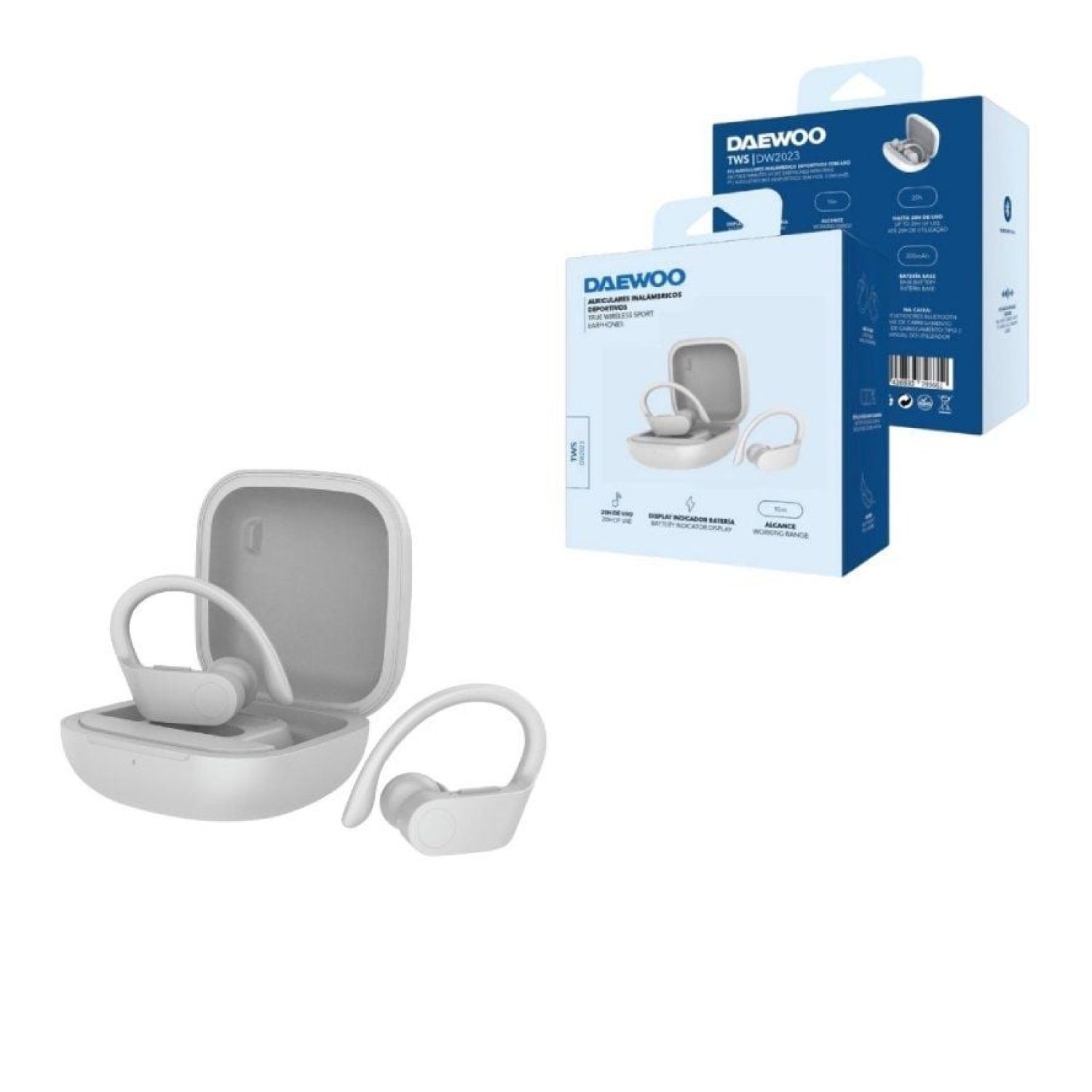 Daewoo DW2023 · Auriculares Bluetooth Deportivos · Estuche de Carga · 5h Autonomía · Blancos