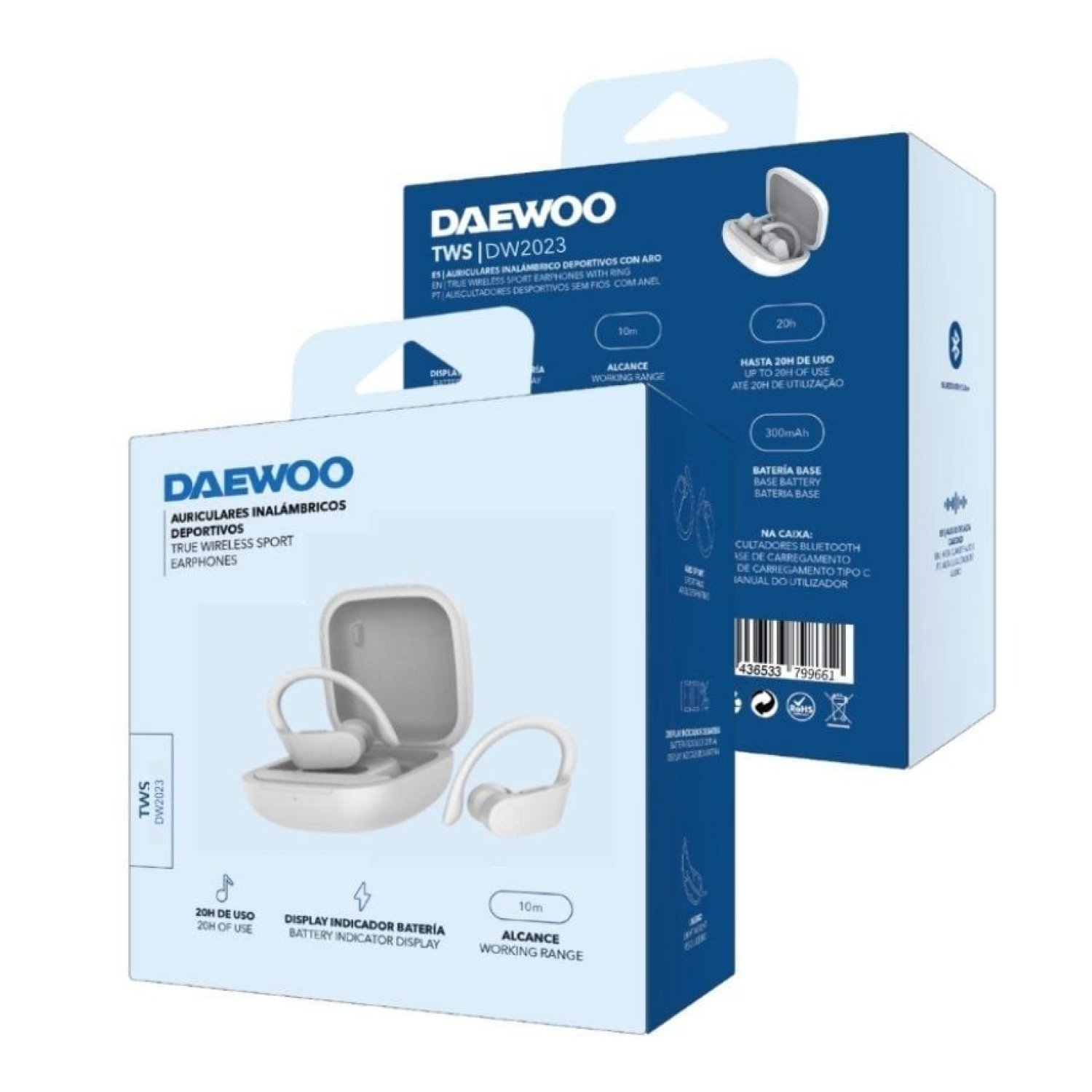 Daewoo DW2023 · Auriculares Bluetooth Deportivos · Estuche de Carga · 5h Autonomía · Blancos