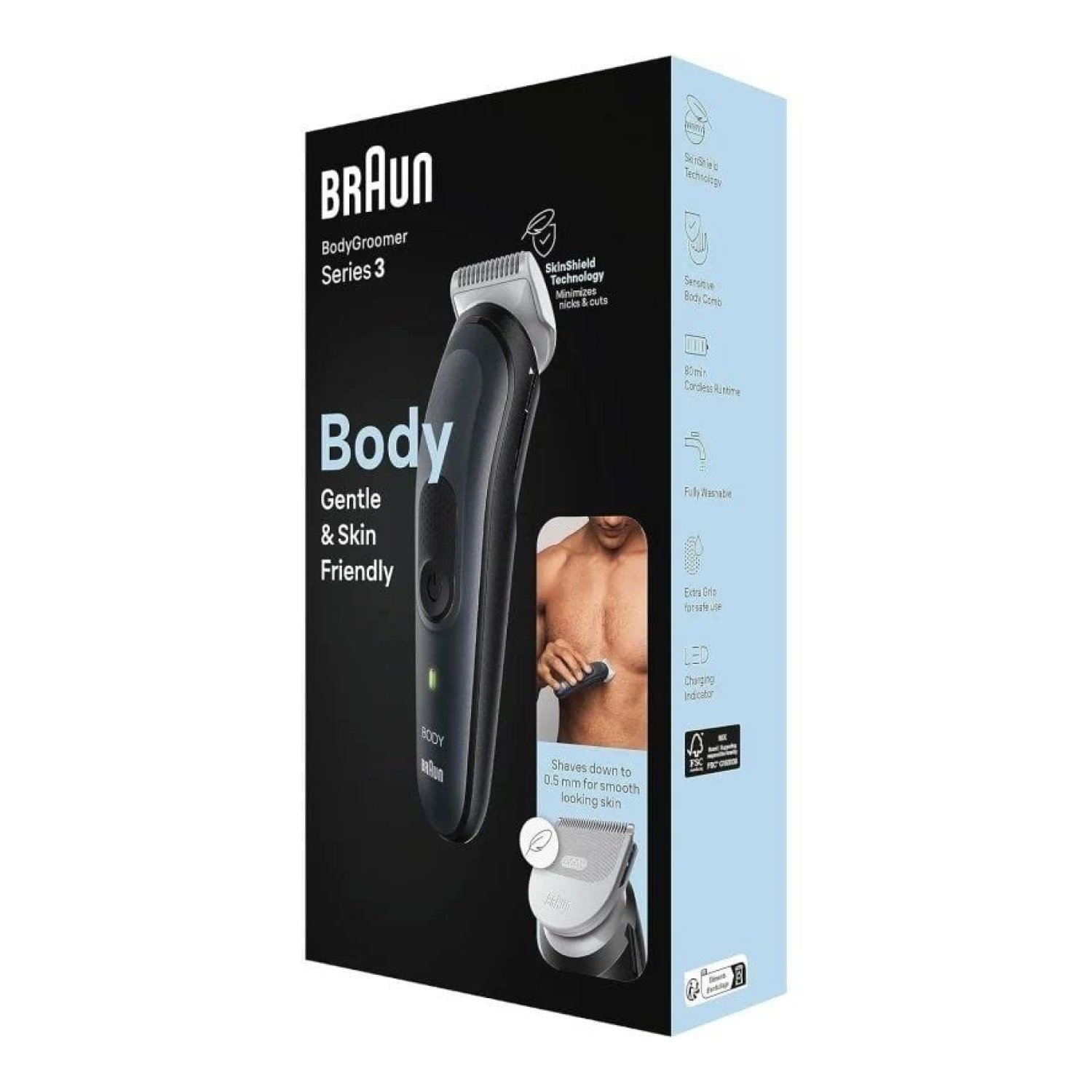 Braun BodyGroomer Series 3 · Cortapelos Corporal · Batería · 3 Accesorios