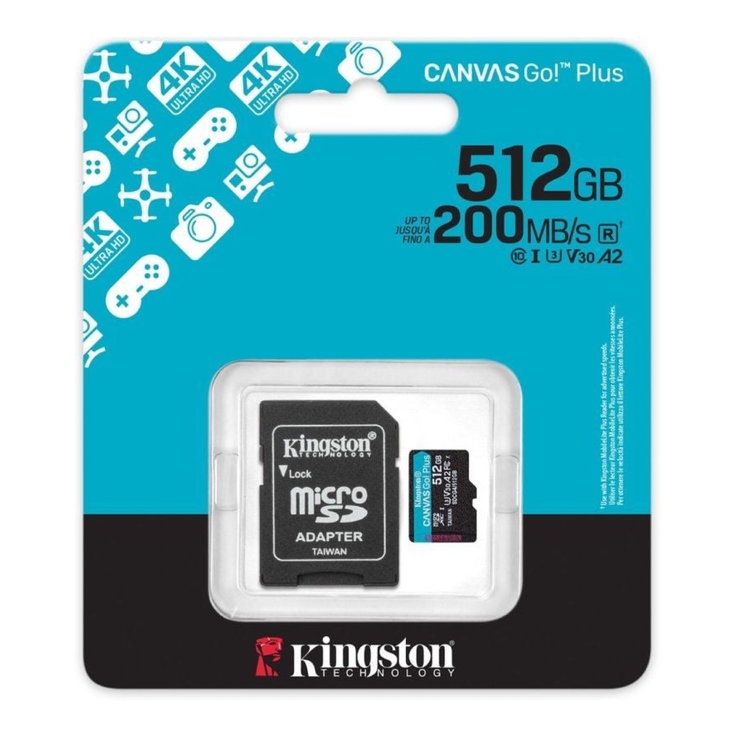 Kingston Canvas Go! Plus · 512GB microSD XC · Clase 10 · 200MB/s · Adaptador