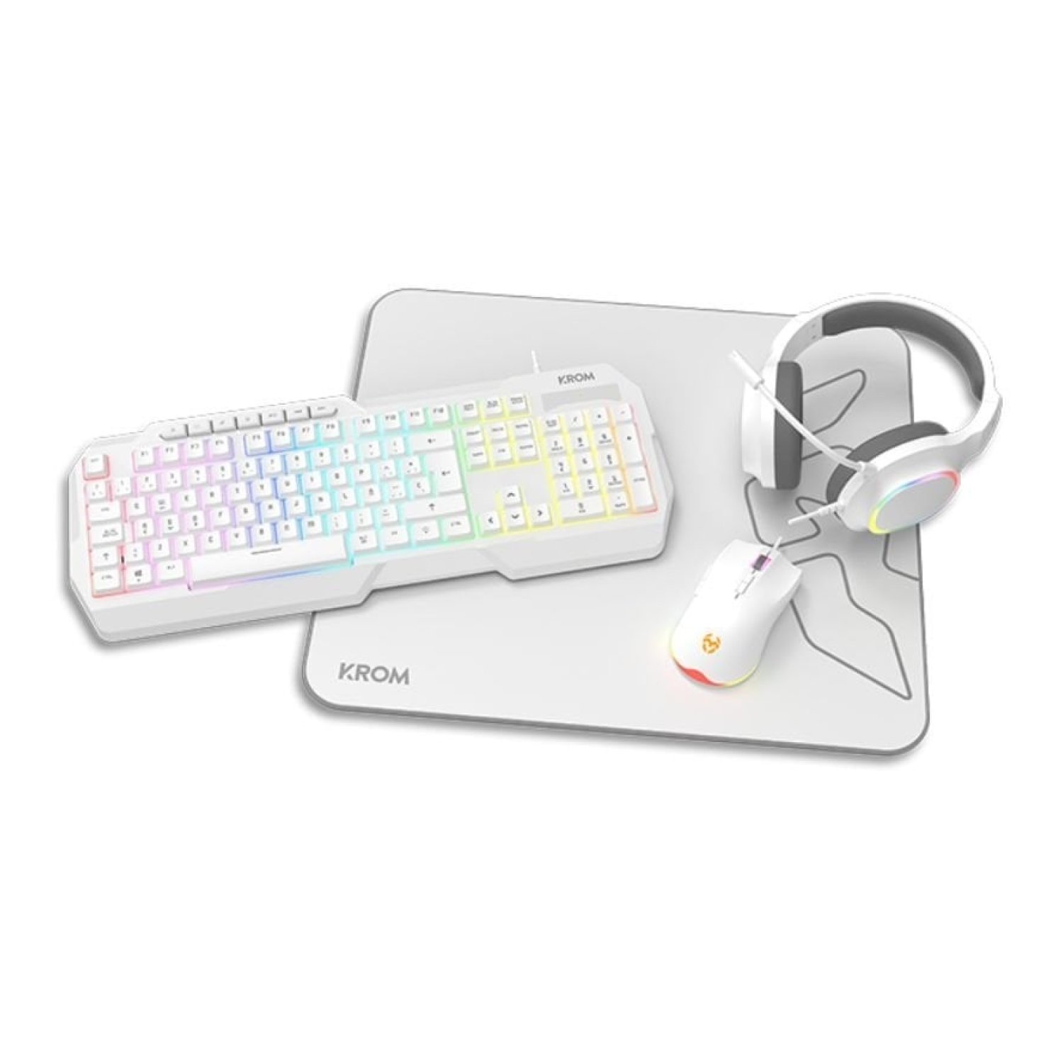 Krom Kenta · Pack Gaming Completo · Teclado RGB + Ratón + Auriculares + Alfombrilla · Blanco