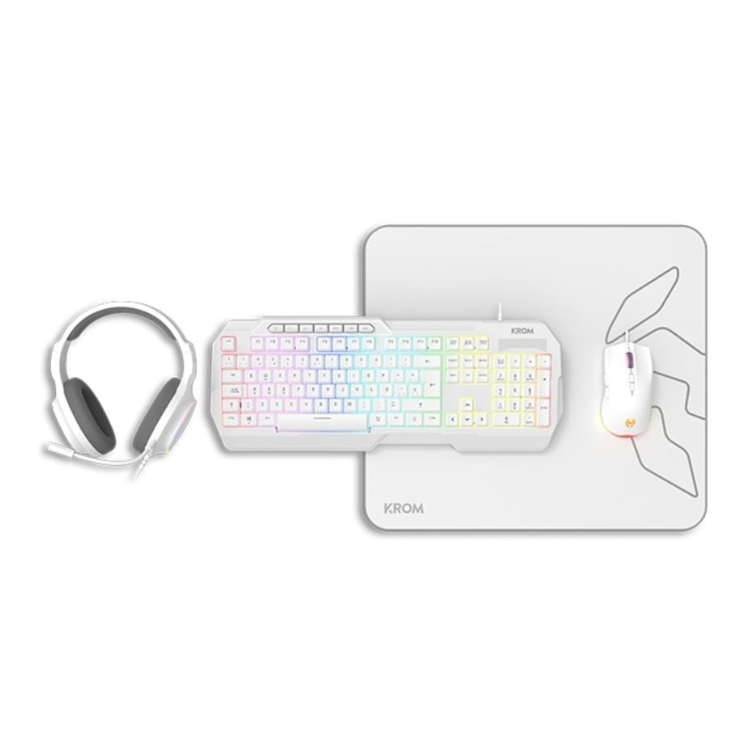 Krom Kenta · Pack Gaming Completo · Teclado RGB + Ratón + Auriculares + Alfombrilla · Blanco