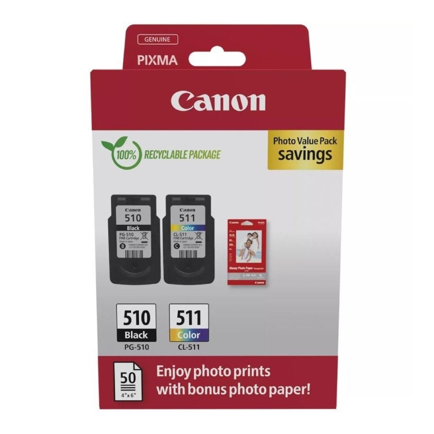 Canon PG-510 + CL-511 · Cartucho Tinta Original · Negro + Tricolor · Multipack + Papel Fotográfico