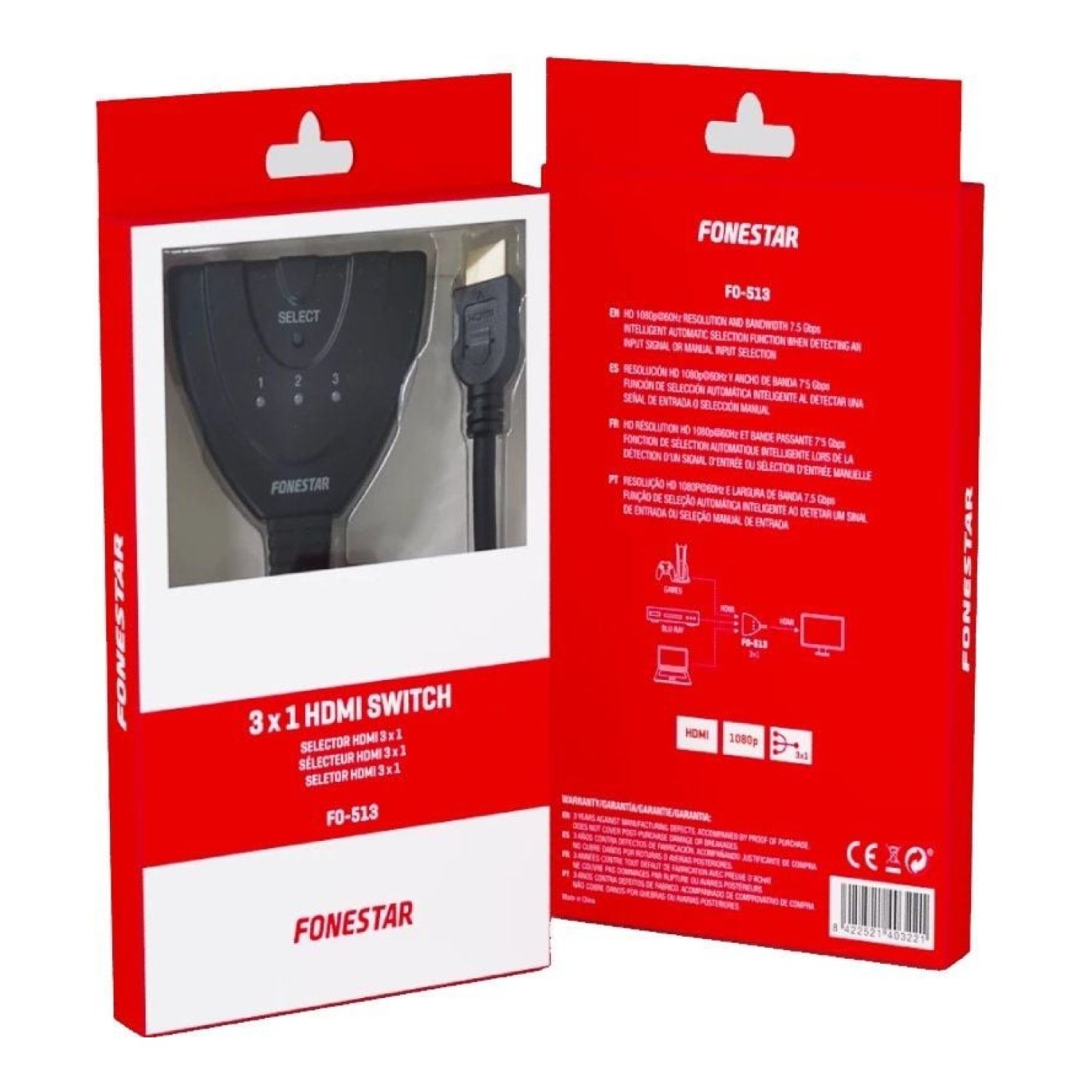 Fonestar FO-513 · Switch HDMI 3 en 1 · 3 Puertos HDMI