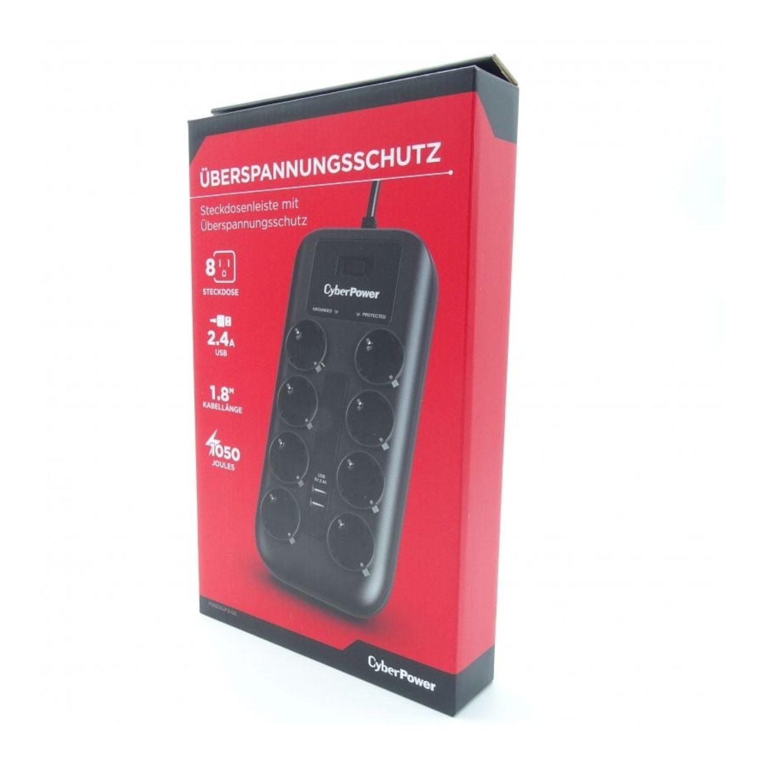 CyberPower · Regleta 8 Tomas + 2 USB · Cable 1,8m · Negra