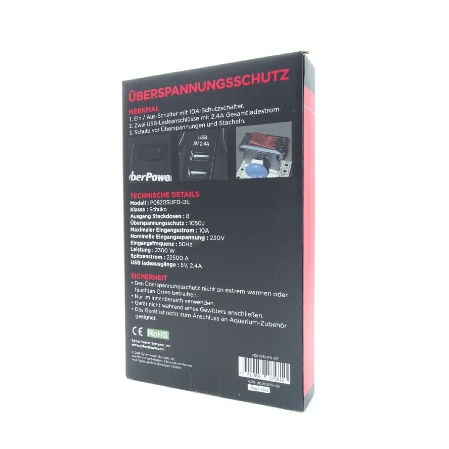 CyberPower · Regleta 8 Tomas + 2 USB · Cable 1,8m · Negra