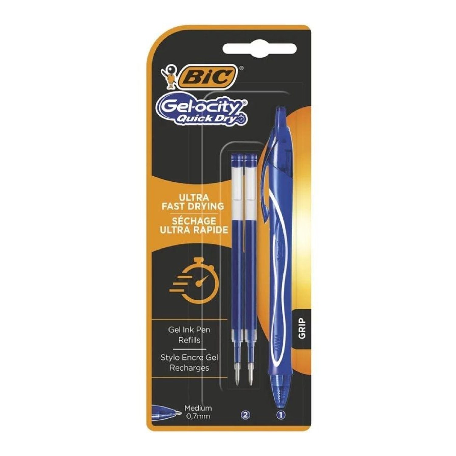 BIC Gelocity Quick Dry · Bolígrafo Gel Retráctil · Tinta Secado Rápido · Azul · 1 ud + 2 Recambios