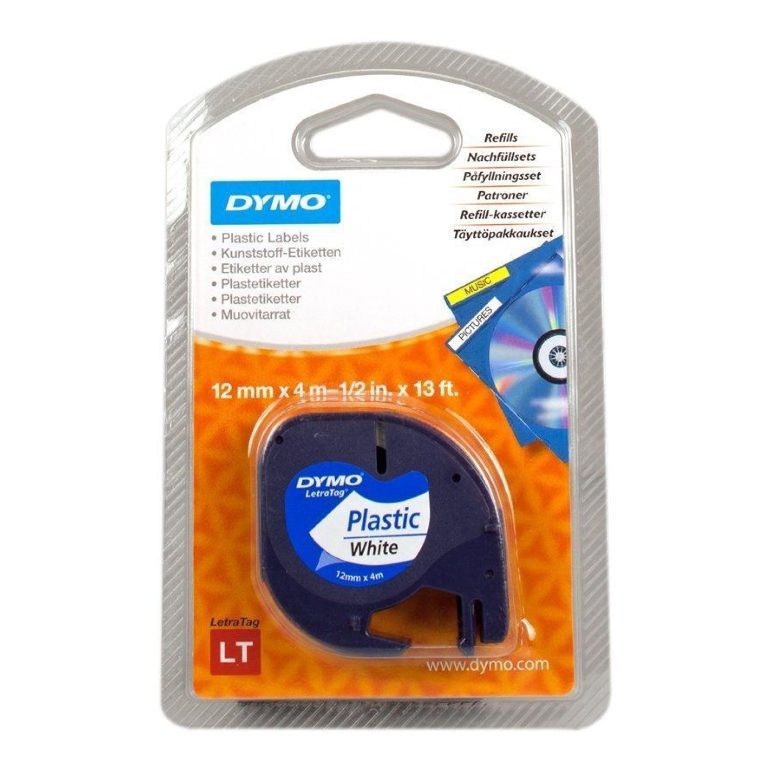 Dymo LetraTag · Cinta Adhesiva 12mm x 4m · Negra-Blanca