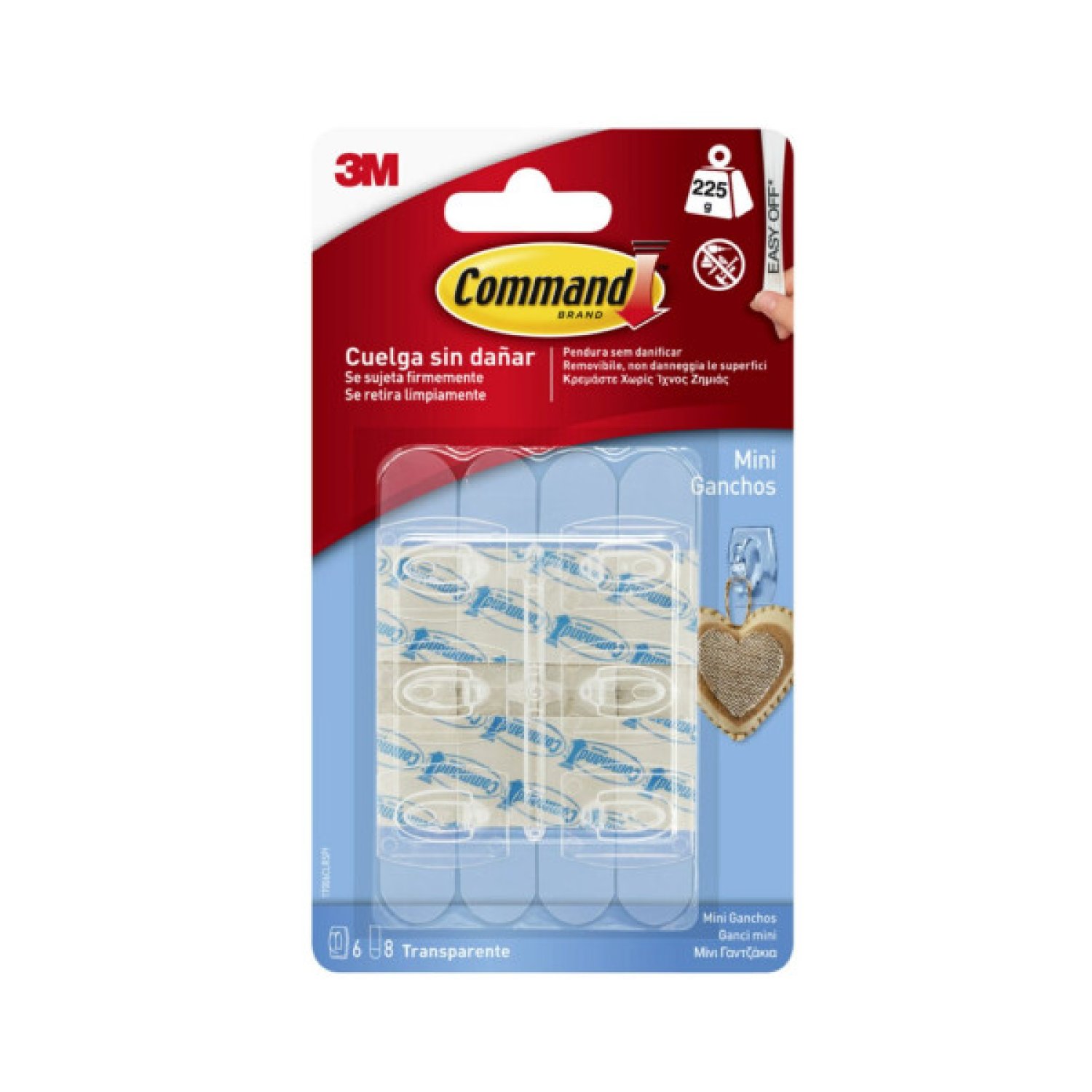 3M Command · 6 Miniganchos Adhesivos Transparentes · Hasta 225g de Carga