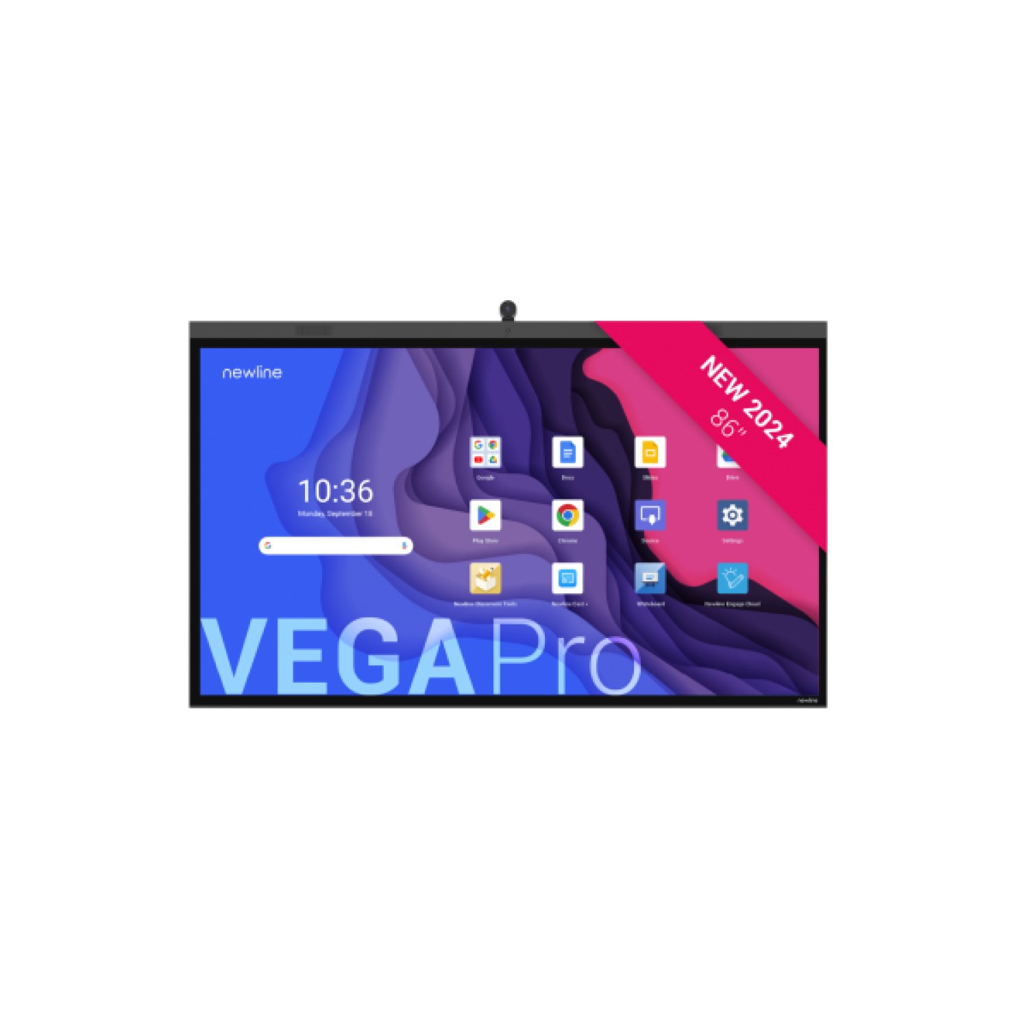Newline Vega · Monitor Interactivo 86" · Android 13 · Táctil P-CAP · 4K · 8 Micrófonos · WiFi 6 · USB-C 100W · 8GB/128GB