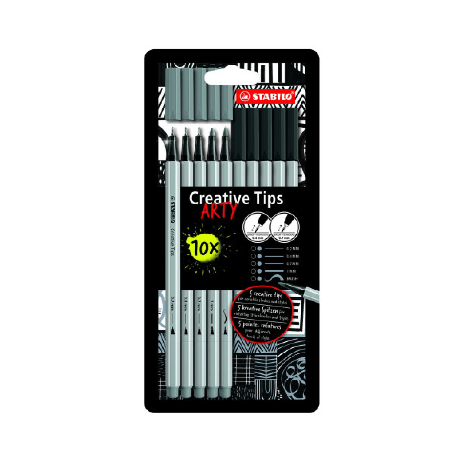 Stabilo Creative Tips Arty · Estuche 10 Rotuladores · 5 Puntas Diferentes · Negro y Gris