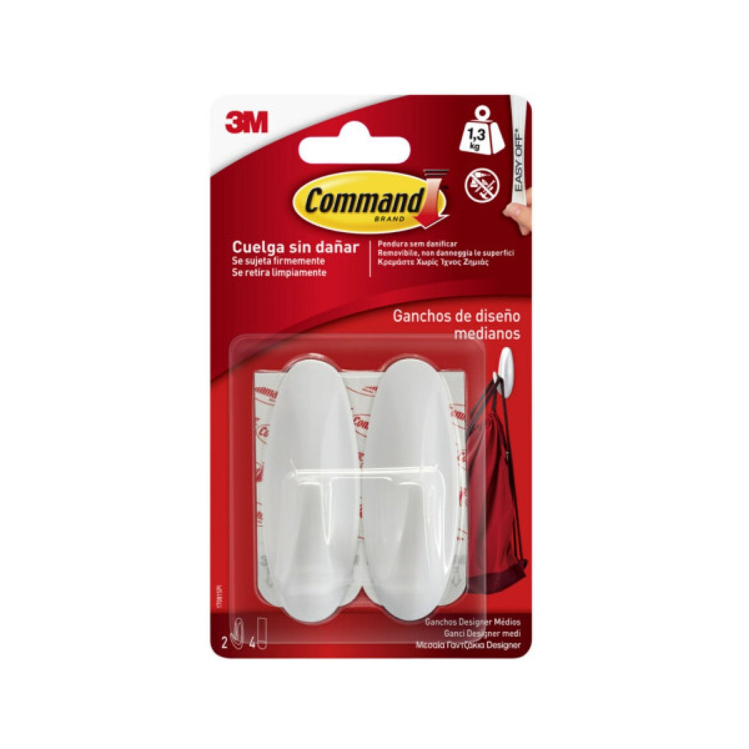 3M Command · 2 Ganchos Adhesivos Blancos Medianos · Hasta 1,3kg