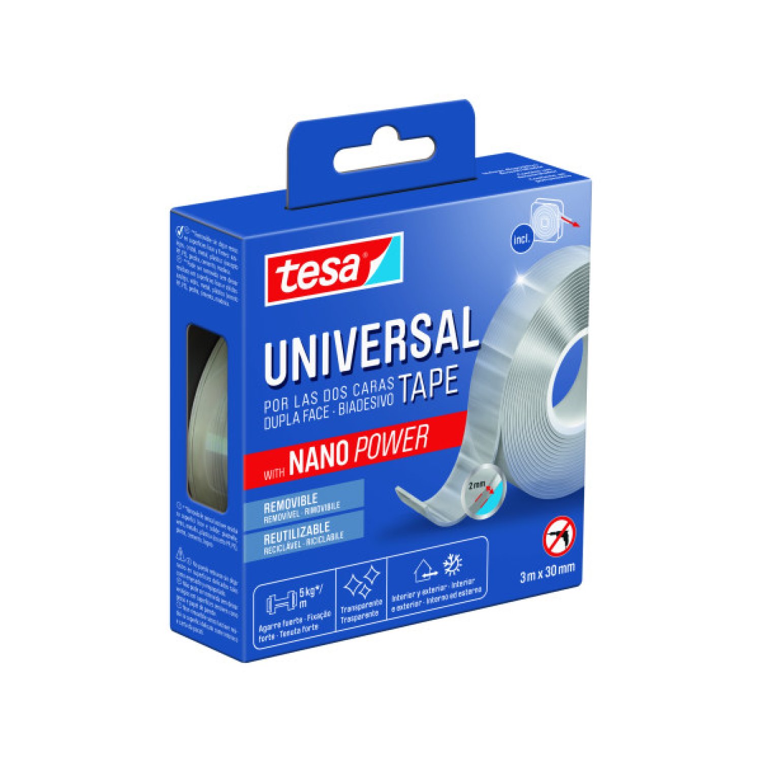 Tesa · Cinta Adhesiva Doble Cara Nano Universal · 3m x 30mm · 5kg de agarre